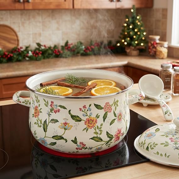 Jucoan 5 Quart Enamel Stockpot with Lid, Green Floral Enamelware Cooking Pot with Dual Handles for Stovetop, Large Soup Pot Potpourri Simmer Pot Gift for Housewarming Bridal Shower Mother's Day