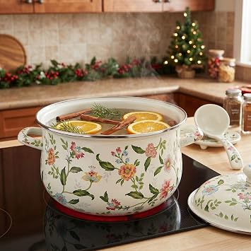 Jucoan 5 Quart Enamel Stockpot with Lid, Green Floral Enamelware Cooking Pot with Dual Handles for Stovetop, Large Soup Pot Potpourri Simmer Pot Gift for Housewarming Bridal Shower Mother's Day