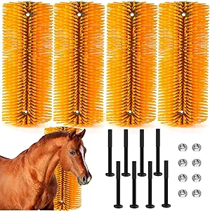 Newtay 4 Pcs Yellow Scratch Brushes for Livestock - 20 x 8 Inch Anti-Itch Tool with Scratcher Post, Screws and Nuts for Sheep, Cattle, Horses, Pigs