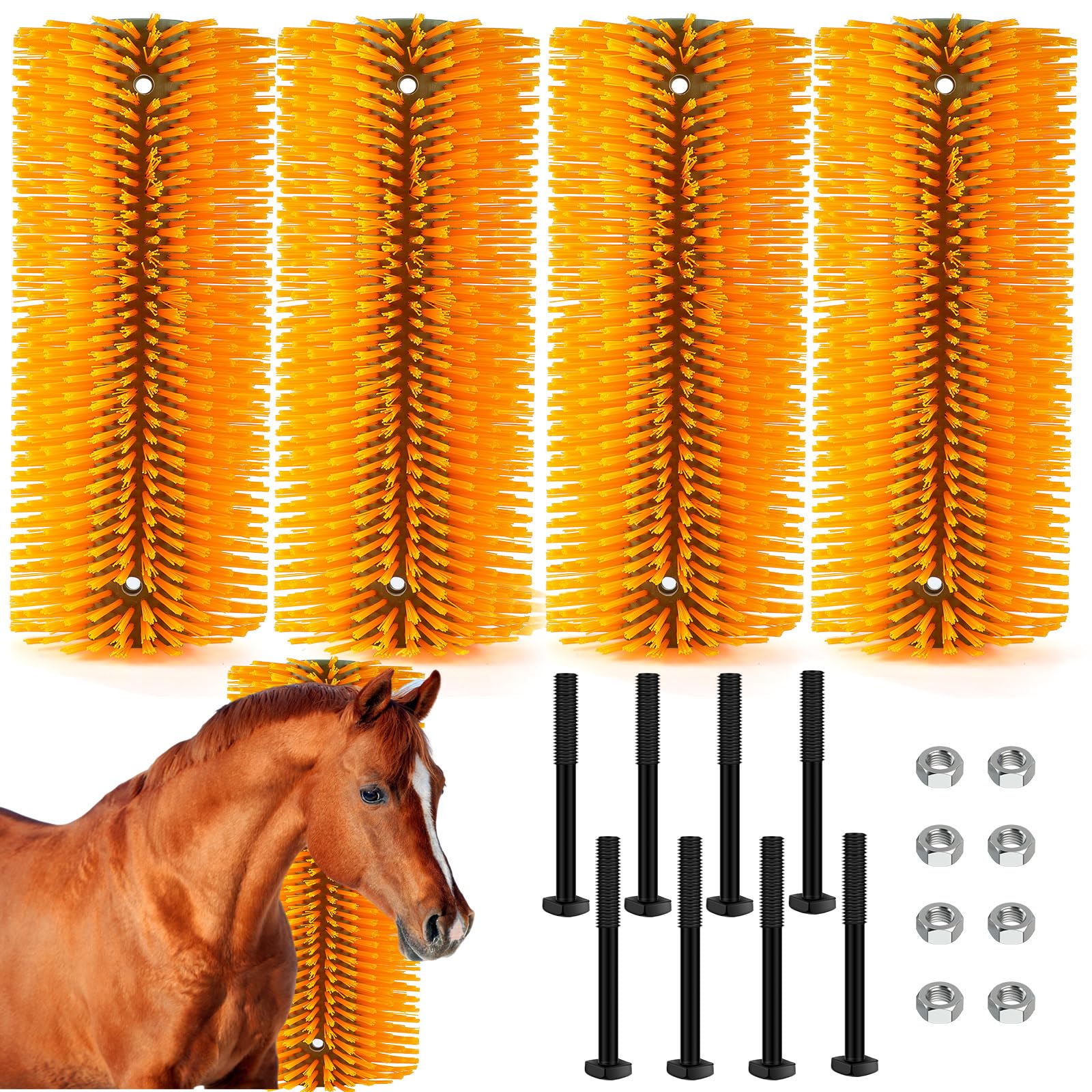 Newtay 4 Pcs Yellow Scratch Brushes for Livestock - 20 x 8 Inch Anti-Itch Tool with Scratcher Post, Screws and Nuts for Sheep, Cattle, Horses, Pigs