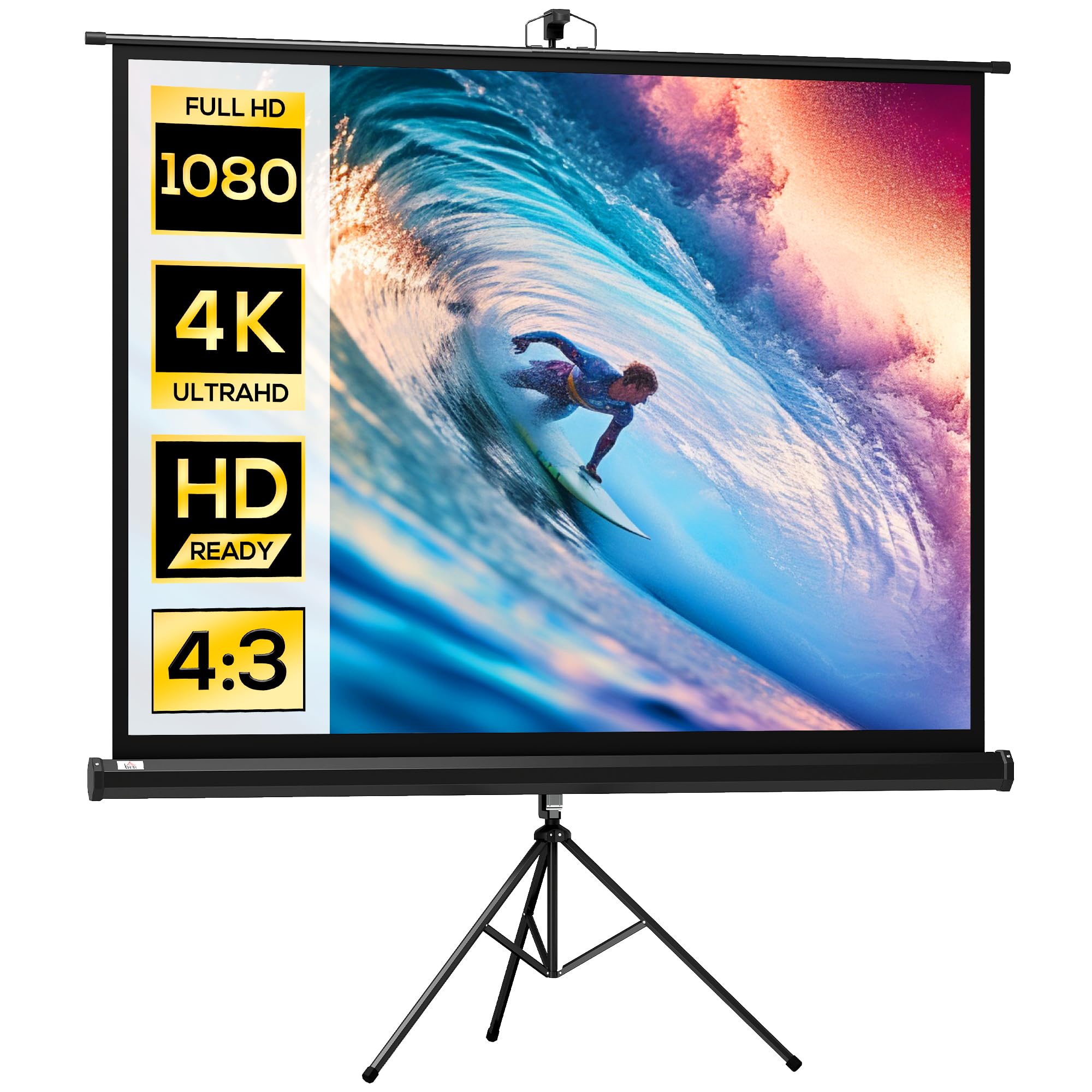 HOMCOM Écran de Projection avec Trépied Pliable 84 Pouces 4K HD 4:3, 180L cm, Écran Vidéoprojecteur, Hauteur Réglable, Angle de Vision 160°, pour Home Cinéma, Films en Intérieur/Extérieur, Noir