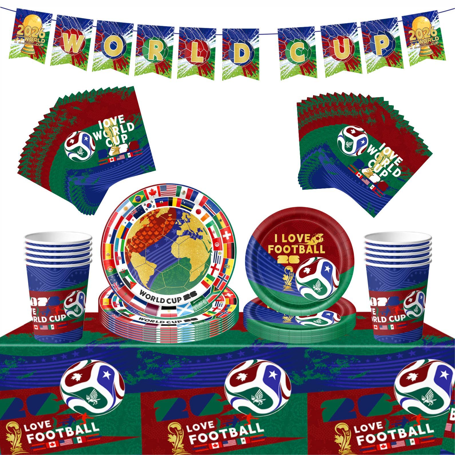 52Pcs Football Party Tableware Set for World Cup 2026 Decorations, 7 & 9inch Paper Plates and Napkins Cups Banner Tablecloth for Football Fans Birthday Party Celebrations and Table Decorations — image 1