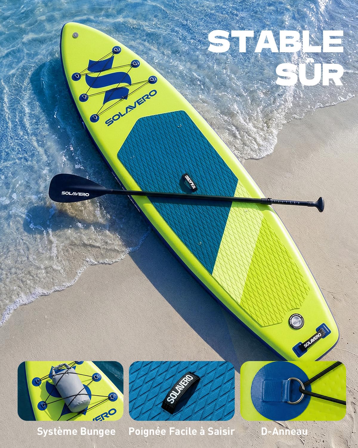 SOLAVERO Paddle Gonflable Adulte 323 x 83 x 15 cm Stand Up Paddle avec Pont EVA Antidérapant, Pagaie Réglable, 3 Aileron, Jusqu'à 200 kg