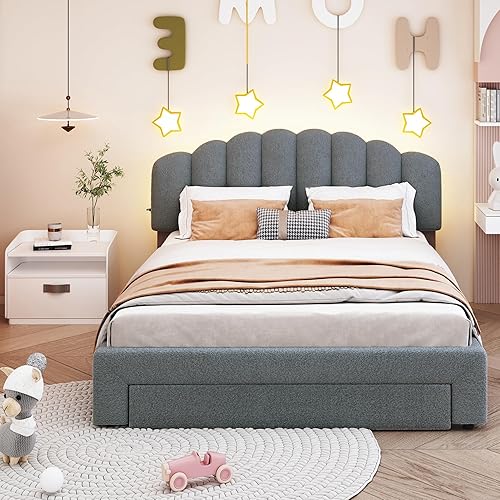 Miniatura 16 de DEINPPA Base de cama tapizada tamaño matrimonial con cabecera ajustable de flores elegantes, cama de plataforma de terciopelo con soporte de Bean