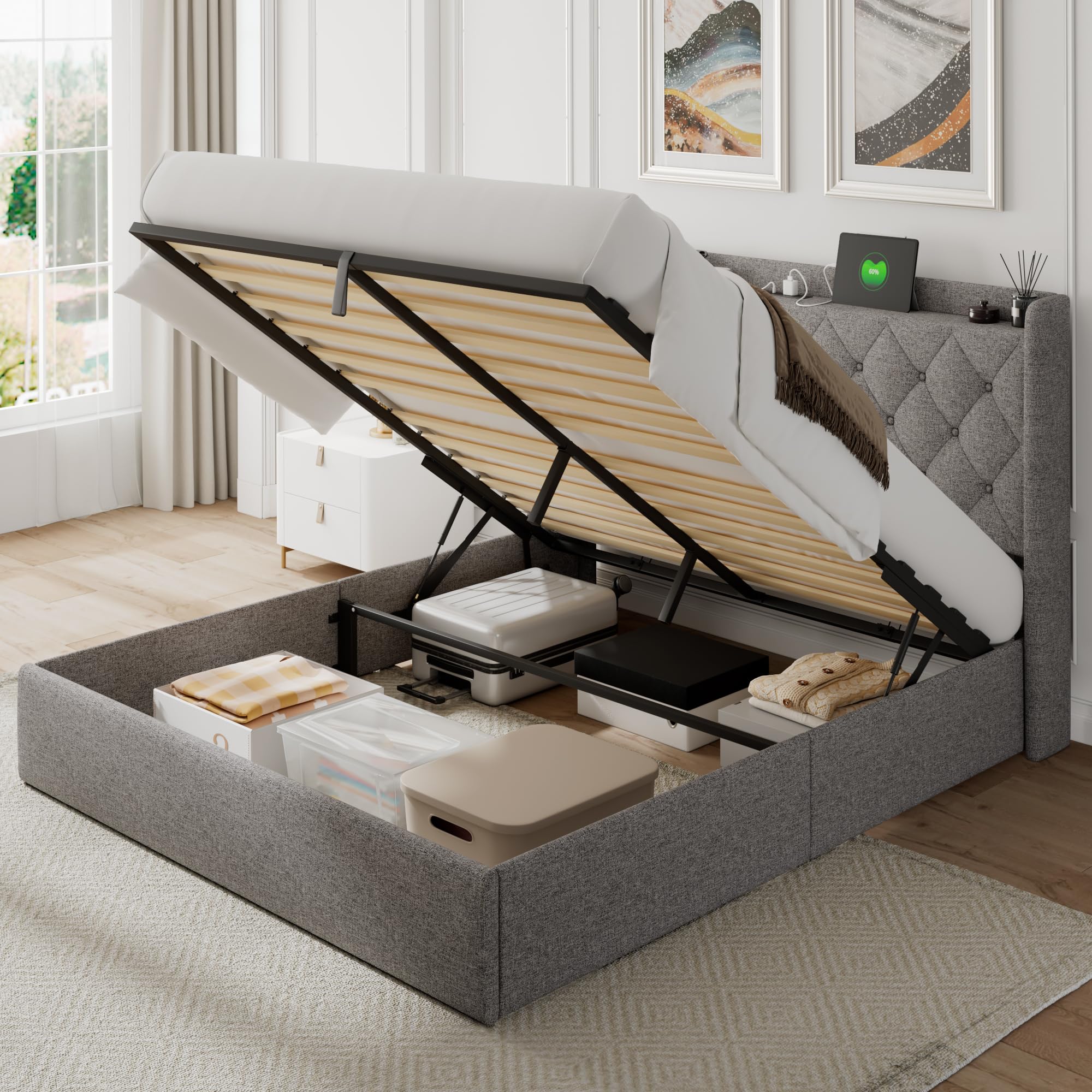 Photo 1 of *** BOX 2 ONLY***Feonase Queen Bed Frame with Storage & Charging Station - Hydraulic Lift Up Platform Bed, Upholstered Button Tufted Headboard, Sturdy Wooden Slats, Noise-Free, No Box Spring Needed,Light Gray