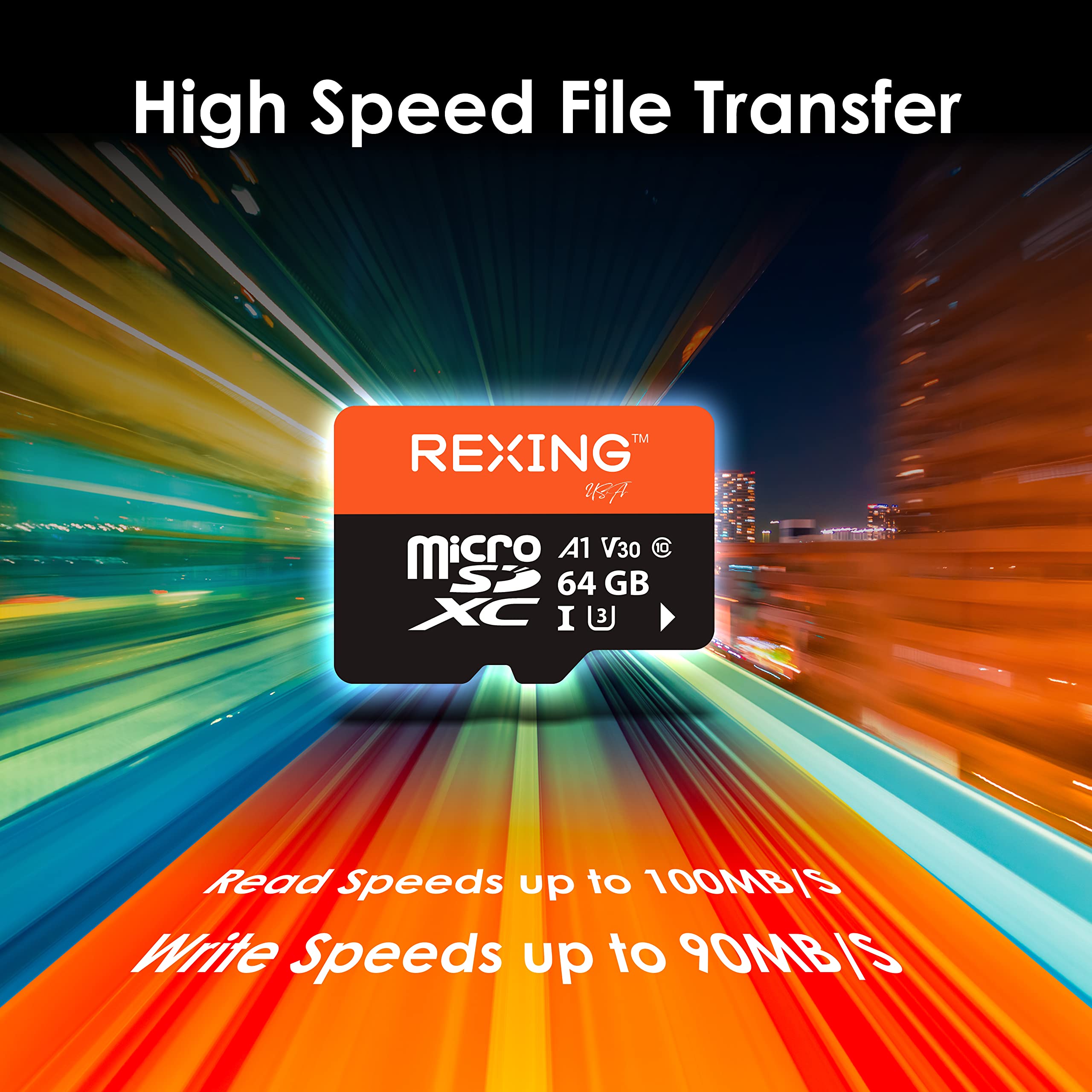 RexingUSA Scheda SD da 64 GB microSDXC UHS-3 4K Full HD per monitoraggio video ad alta velocità, con adattatore per dash cam, sistema di sorveglianza, telecamera di sicurezza e body cam