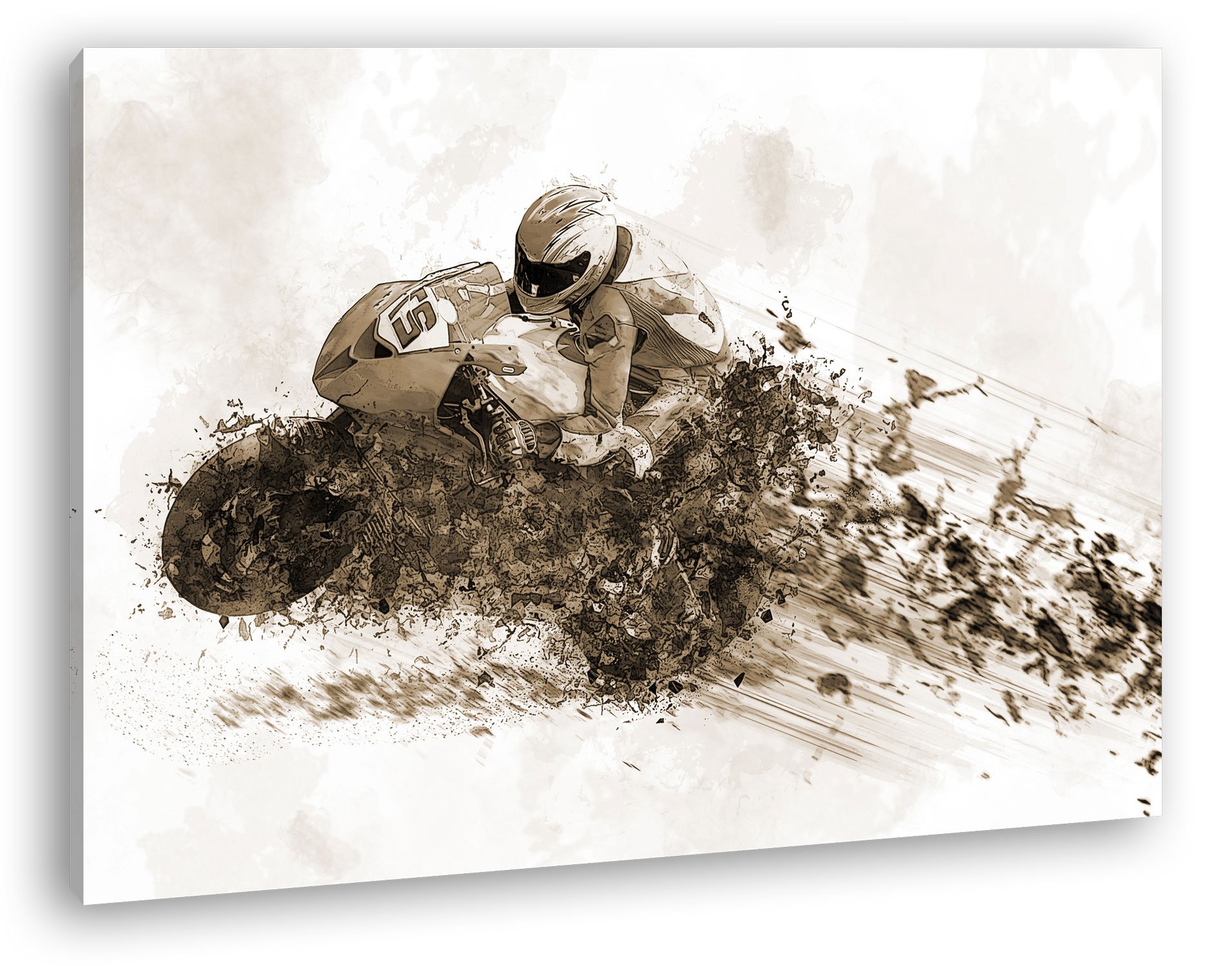 deyoli - Stampa su tela, motivo: moto da corsa, dimensioni: 100 x 70 cm, effetto seppia su telaio in vero legno, stampa digitale di alta qualità con telaio, non poster o poster