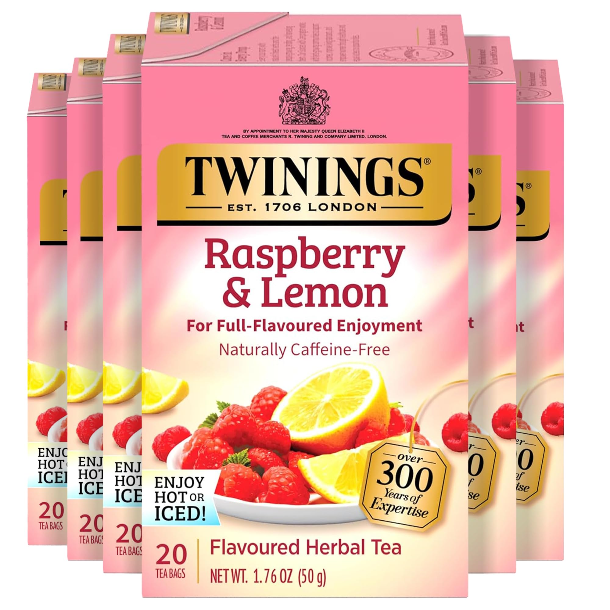 Twinings Raspberry & Lemon Flavoured Herbal Tea, 20 Count Box, Pack of 6, Individually Wrapped Tea Bags, Unsweetened, Refreshing & Fruity, Naturally Caffeine Free