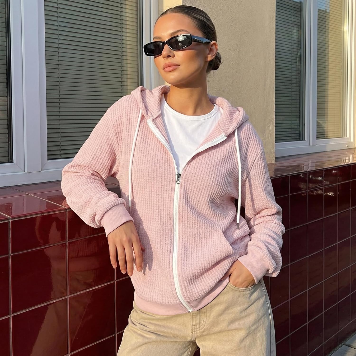 GIVON Women's Lightweight Waffle Knit Zip Up Hoodie – Long Sleeve Thin Casual Hooded Jacket Plus Size - Image 2