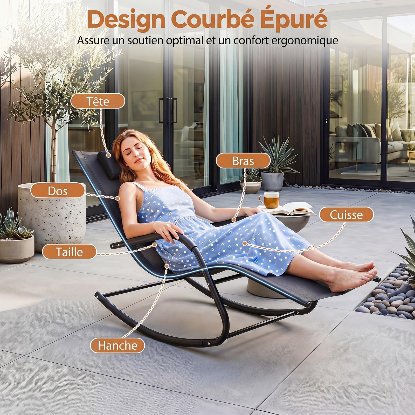 COSTWAY Fauteuil a Bascule Exterieur Interieur, Rocking Chair en Métal, Appui-Tête Amovible, Tissu Respirant, Chaise Longue à Bascule pour Jardin Balcon Salon, Charge 160KG, 148 x 63 x 86 cm (Noir)