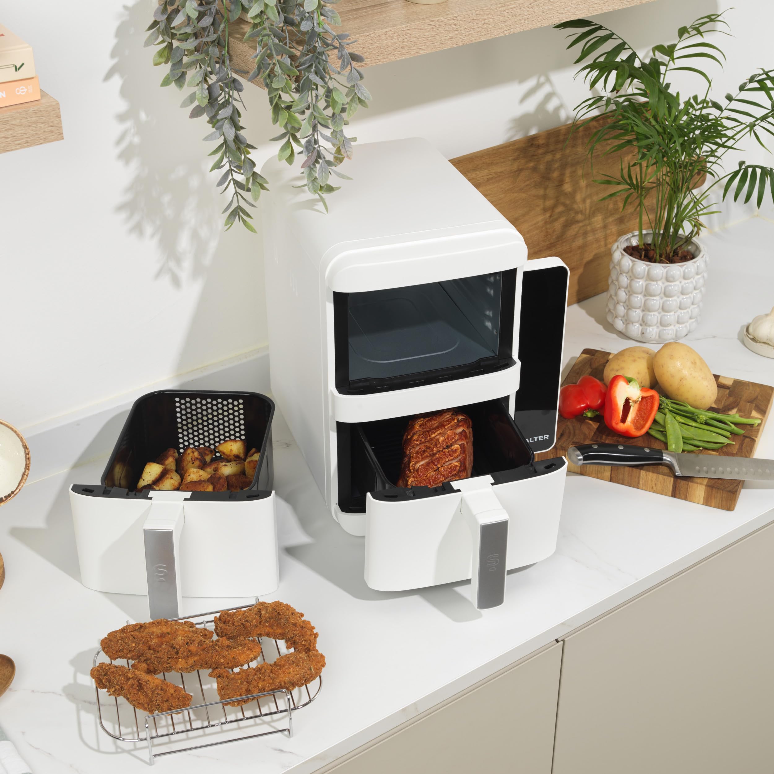 Salter VertiCook Ultra Stackable Air Fryer - Cocina vertical, 9L, 2 x 4.5L cestas y rejillas, 9 funciones, Sincronizar y combinar, Bandeja de parrilla libre de PFAS, Ahorro de espacio, 60-230°C, 2400W