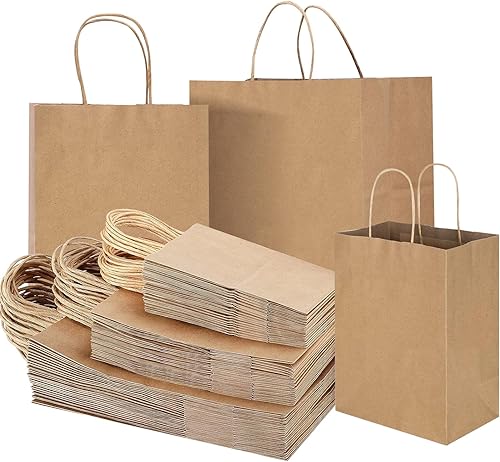 Miniatura 1 de COGLARING 130 bolsas de papel marrón con asas, bolsas de regalo de estraza de varios tamaños a granel para pequeñas empresas, bolsas de compras,