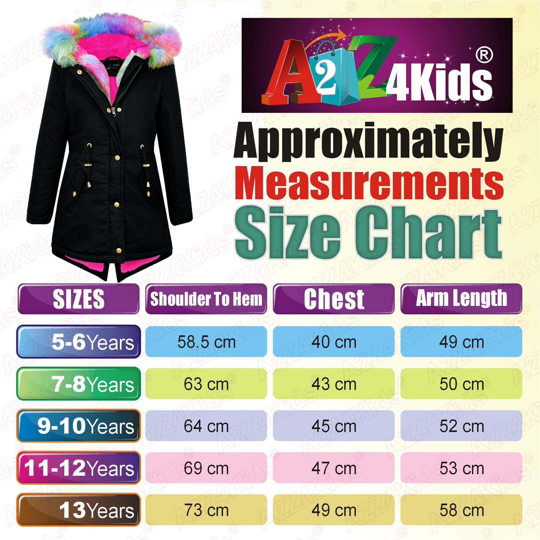 A2Z 4 Kids Dziewczęce dziewczęce designerskie kamuflażowe parka z kapturem ze sztucznego futra kurtki szkolne odzież wierzchnia płaszcze New Age 2 3 4 5 6 7 8 9 10 11 12 13 lat, Tęczowe futro, czarne,