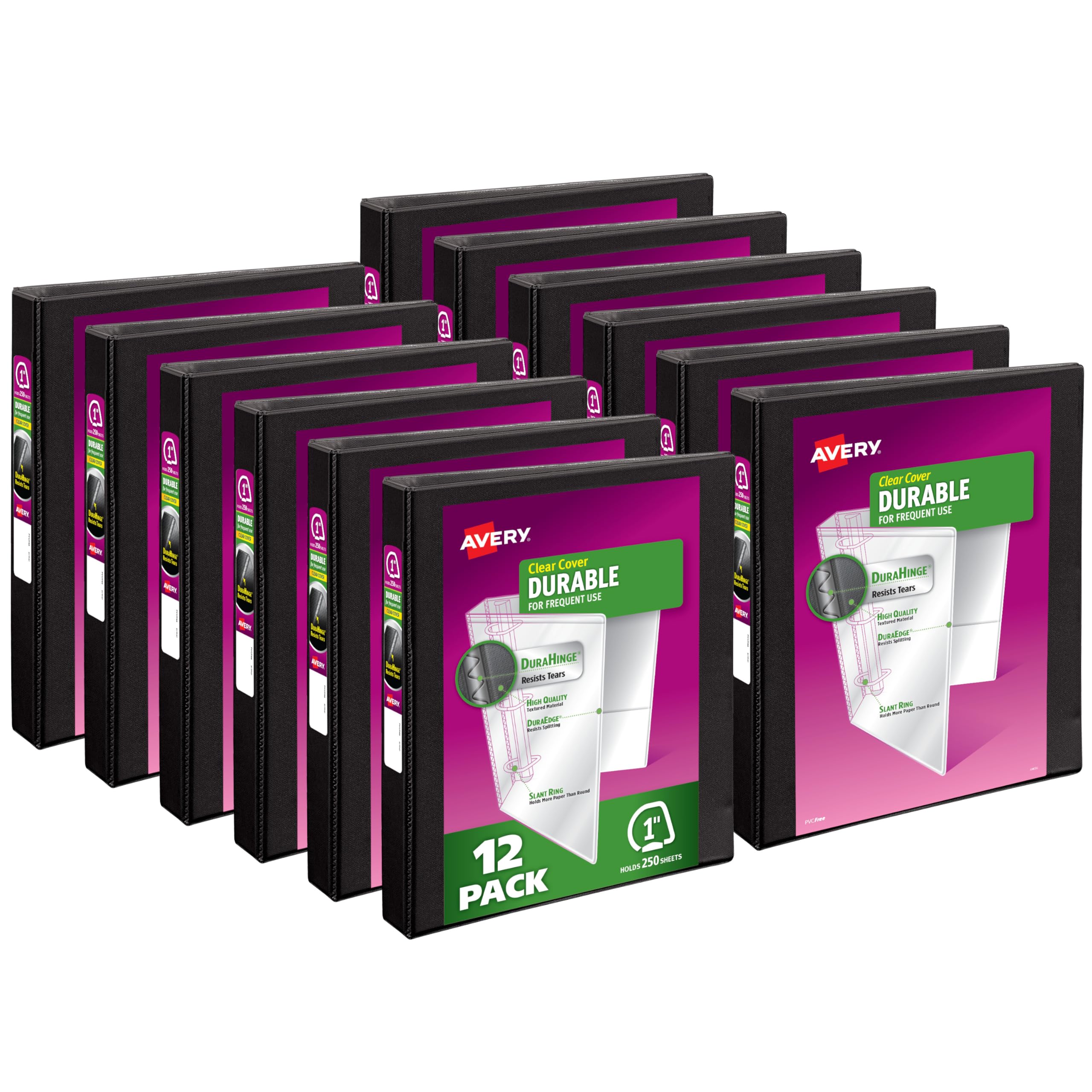 Avery Durable View Binder, 1" Slant Rings, 220-Sheet Capacity, DuraHinge, Black, Case Pack of 12 (17011) — image 1