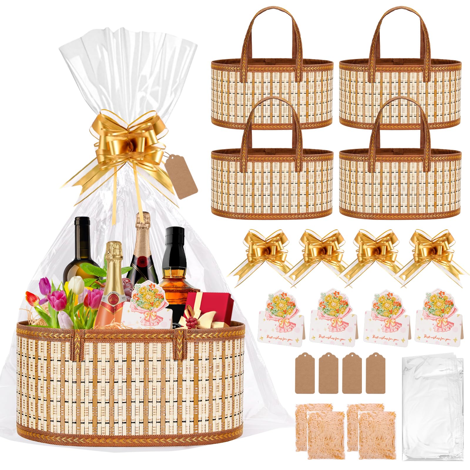 Dreamtop 4 Set Empty Hamper Baskets, 35x23x15cm Woven Bamboo Gift Basket Hamper Kit with Handles, Sturdy Hamper Baskets for Gifts Empty to Fill for Christmas Birthday Baby Shower Wedding Gift