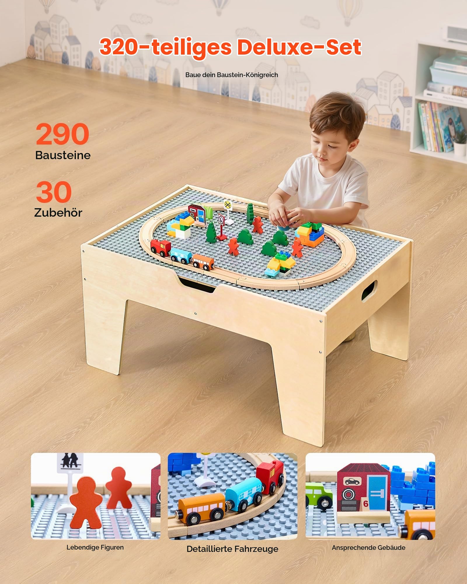 VEVOR Aktivitätstisch, 290 Bausteine und 30-teiliges Holzeisenbahn-Set, Eisenbahn, Fahrzeuge, Gleise und Zubehör, Holz-Spieltisch für Kinder mit Ablagefläche für Kinder ab 3 Jahren