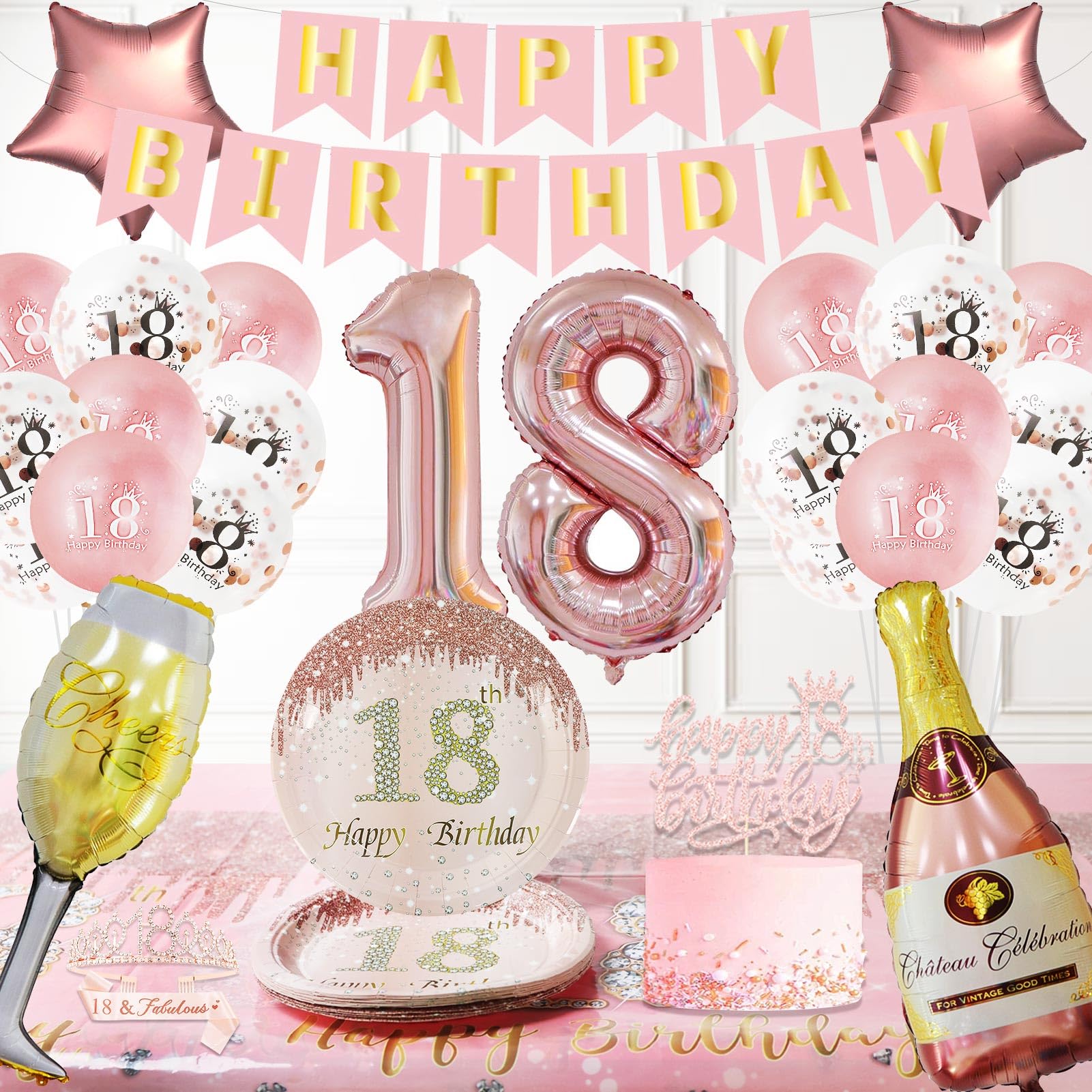 18th Birthday Decorations for Girls Rose Gold 18 Party Supplies Foil Fringe Curtains and Plates,Tablecloth,Happy Birthday Banner,18th Sash,Tiara,Cake Topper,Latex Balloons and Foil Balloons