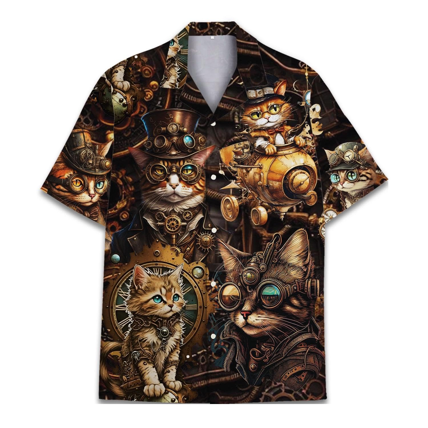 Fjqwklf Unisex Steampunk Cat Casual Short Sleeve Button Hawaiian Shirt S