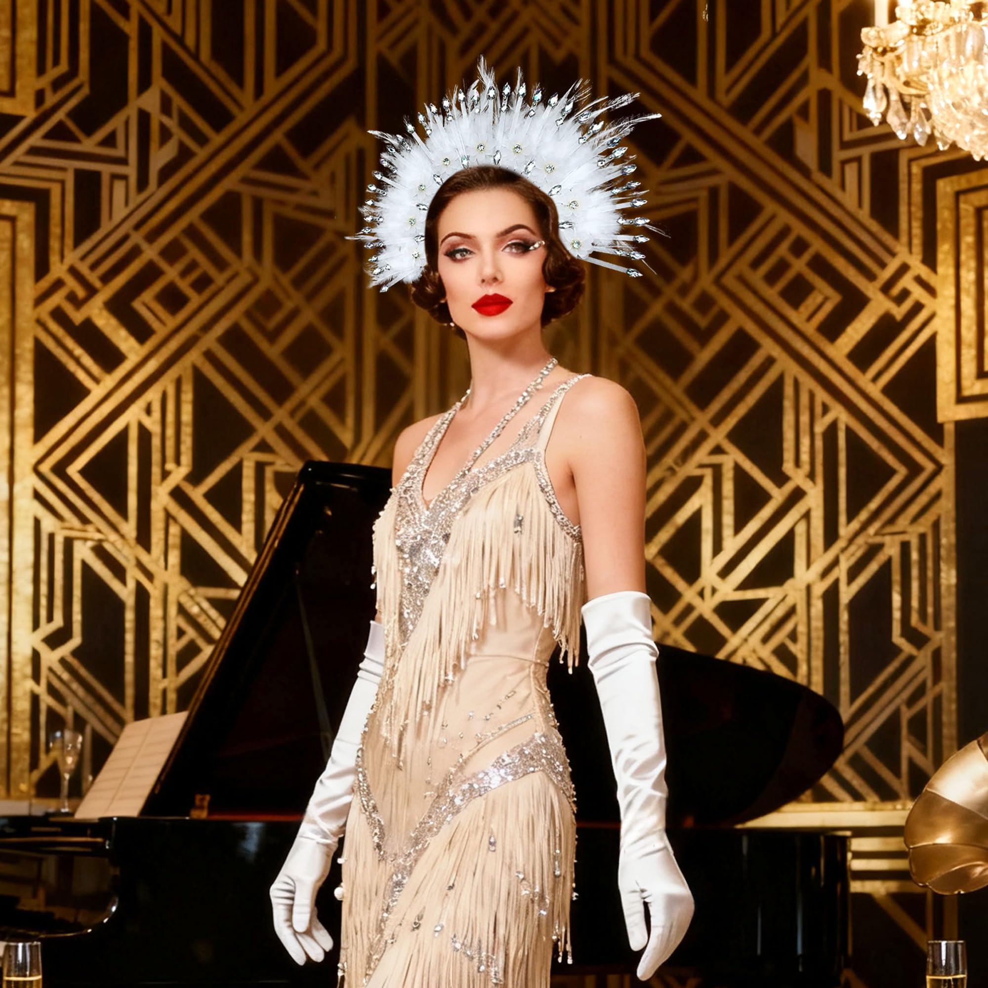 JeVenis White Feather Headpiece 1920s Carnival Accessories Headdress Mardi Gras Rave Festival for Women Flapper Costume Supplies - Image 4