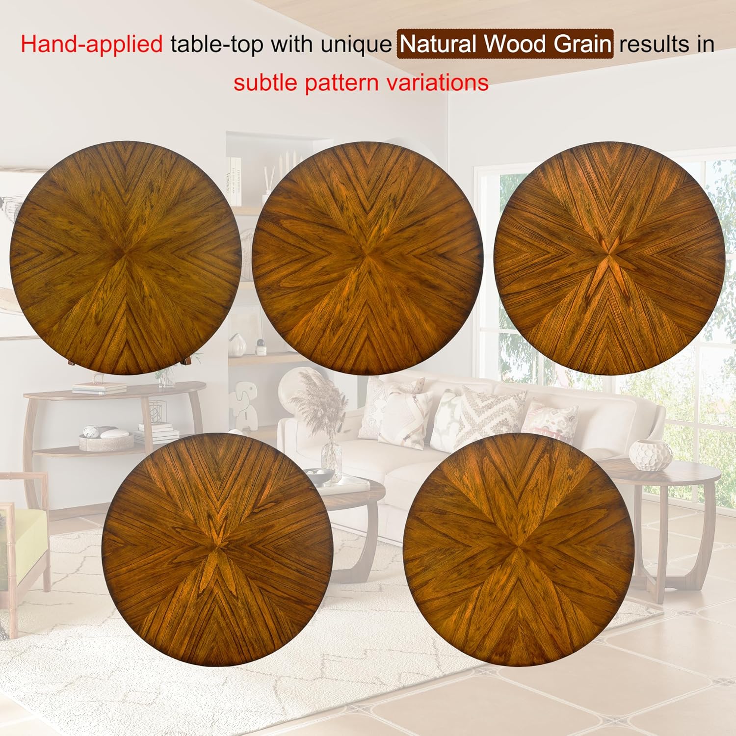 PADMA HOUSE Round Wood Coffee Table with Curved Legs, Farmhouse Cocktail Table for Living Room, Solid Circle Center Wooden Table, Brown Walnut Wood Tabletop & Legs 33.5" x 33.5"