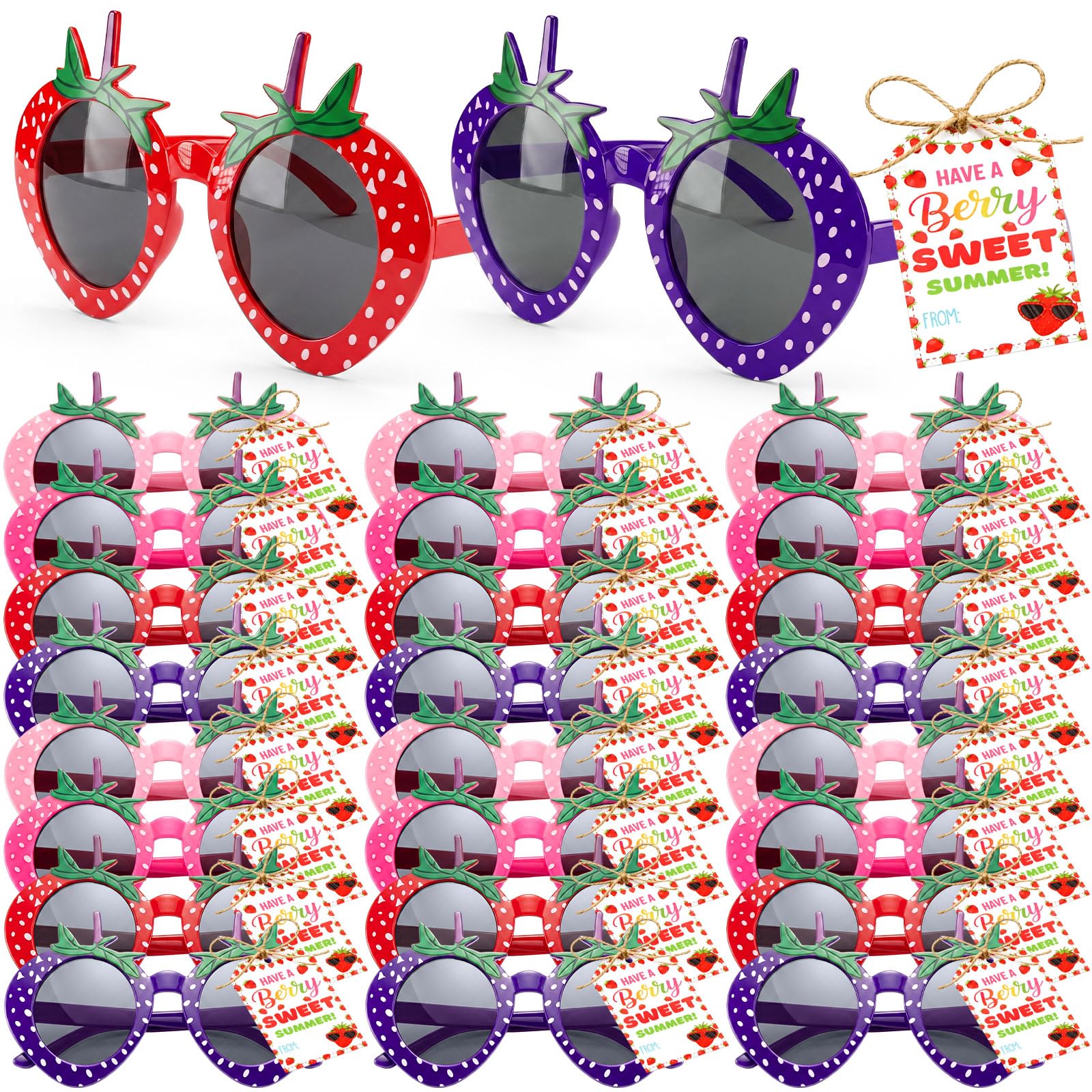 Tanlade Lot de 24 paires de lunettes de soleil en forme de fraise avec jolies cartes d'été, fournitures de fête d'anniversaire, cadeaux sur le thème de la fraise, accessoires photo