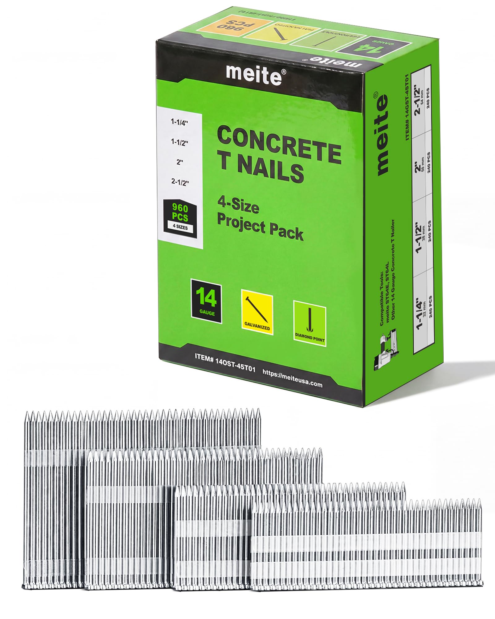 meite Chiodi a T per calcestruzzo calibro 14, 4 misure da 2,5 a 0,6 cm, 2,5-1,3 cm, 5,1 cm, 5,1 cm ciascuno, 240 pezzi | Confezione da 960 chiodi con finitura zincata per pistola pneumatica ed elettrica