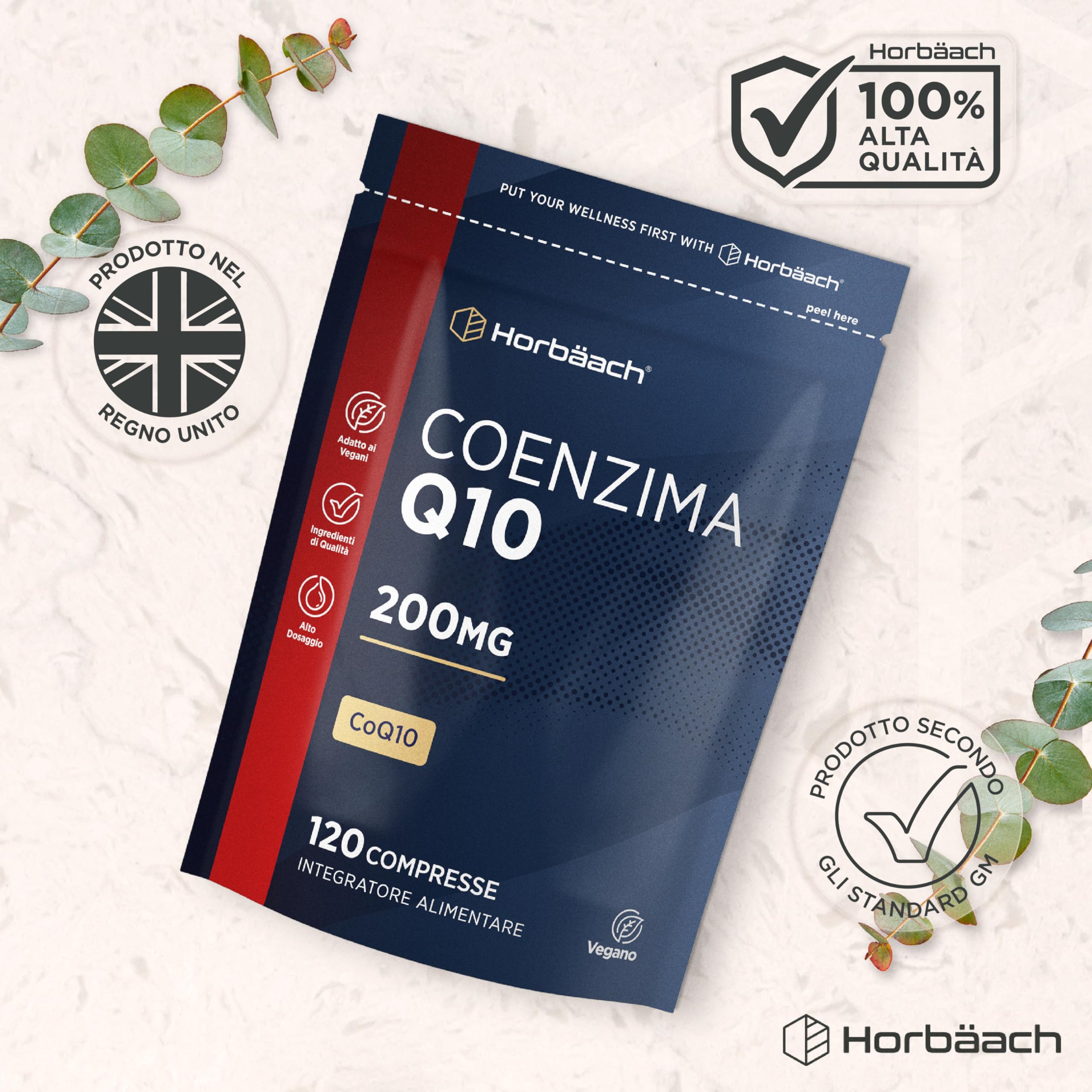 Coenzima Q10 200mg | CoQ10 200mg | 120 compresse | Adatto a vegetariani e vegani | Horbaach