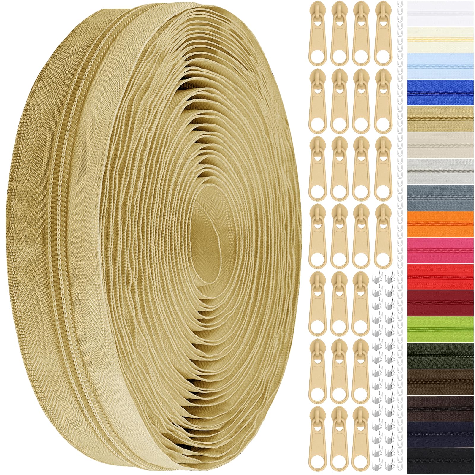 Endlos Reissverschluss mit Zipper, 3mm 11m Nylon Endlosreißverschluss Meterware und 25 Zipper aus Metall für Kleidung Tasche Mäppchen Bettwäsche (Beige, #3)