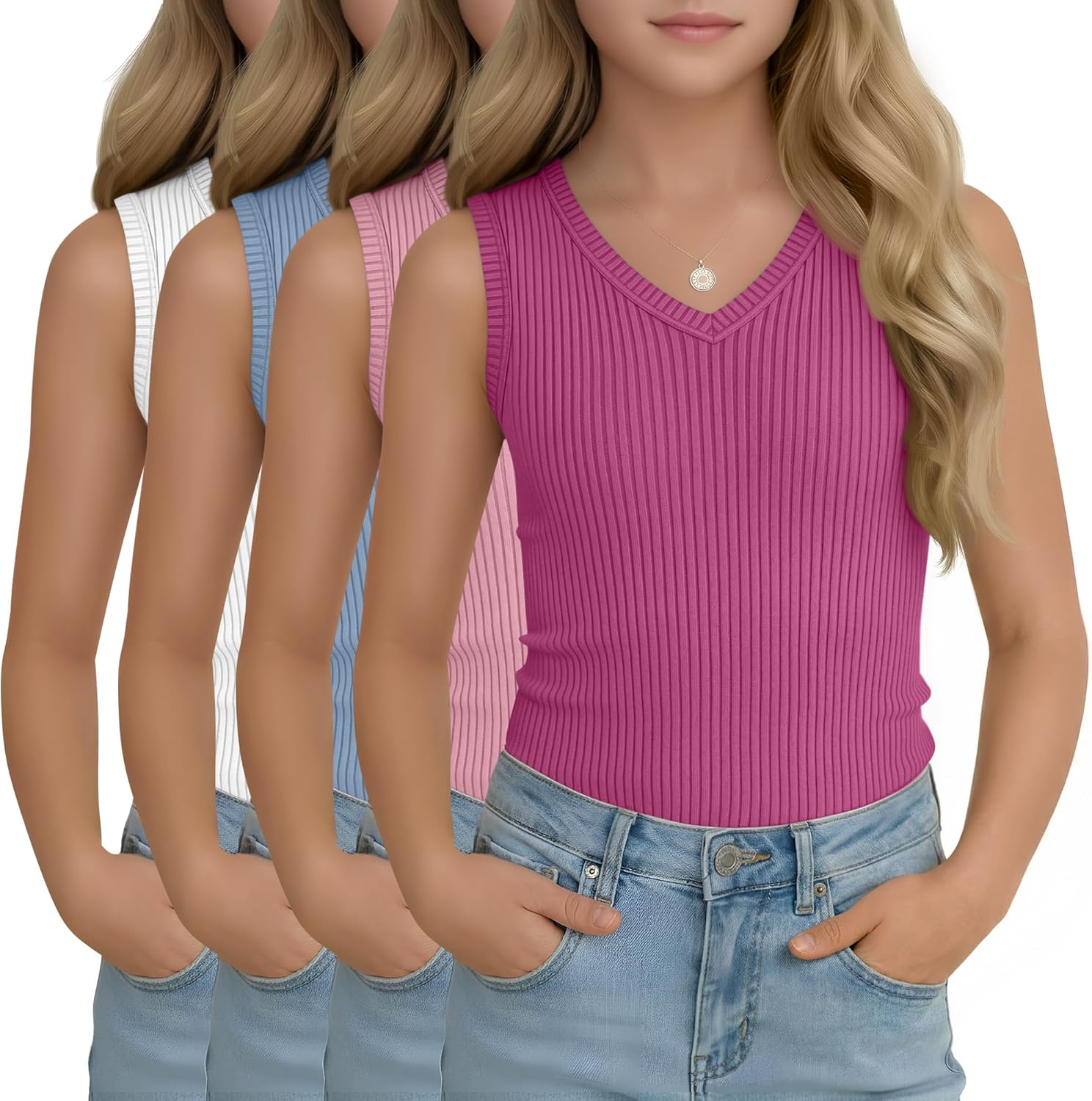 Oakgarden 4 Pack Girls' Tank Tops Ribbed V Neck Sleeveless Cute Summer Tee Slim Fitted Camisole Kids Soft Casual Basic Tanks