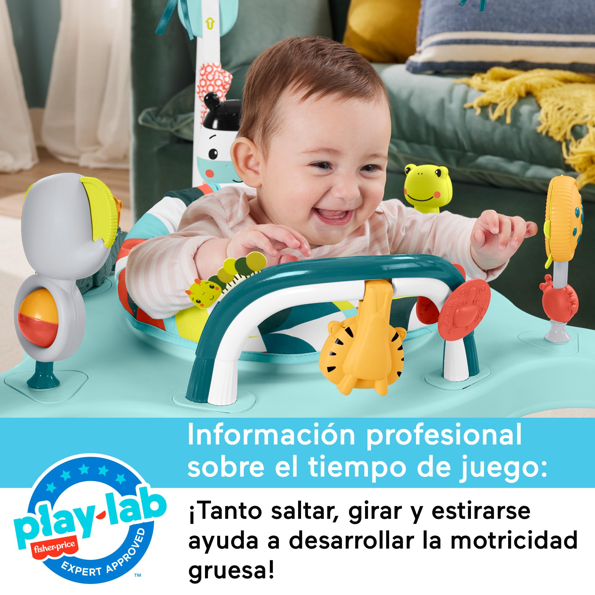 Fisher-Price Saltador Colorido, jumperoo Centro de Actividades con Juguetes sensoriales, Asiento Giratorio 360º, para bebés de hasta 11 kg (HNX59)