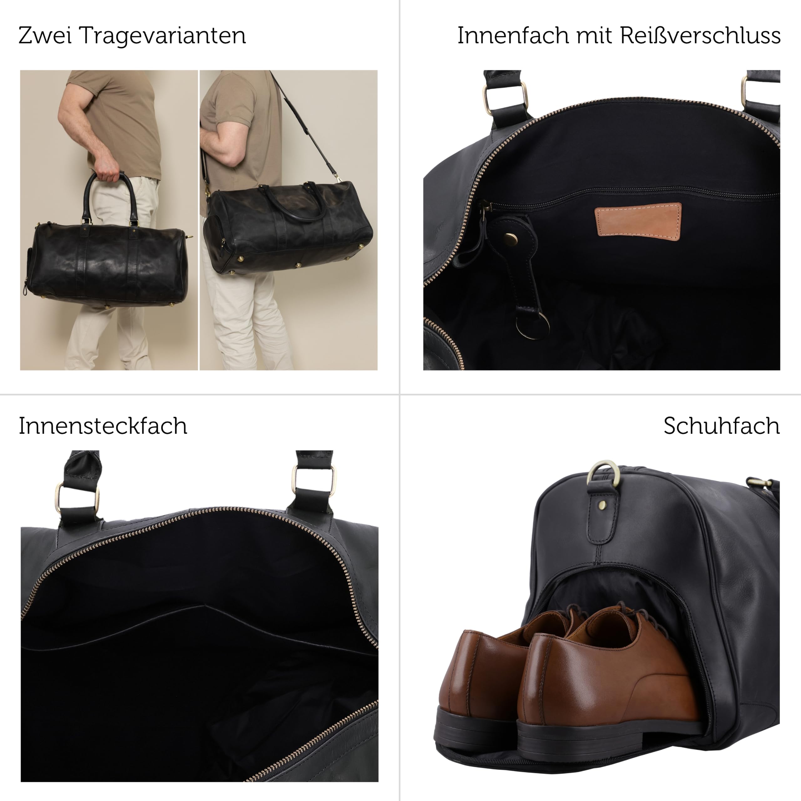Gusti Reisetasche Leder - Davide Damen und Herren Boardtasche Umhängetasche Ledertasche Reisegepäck Weekender Schwarz Leder