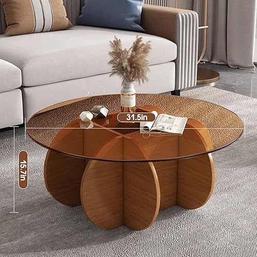 Miniatura 6 de Mesa de centro redonda moderna con patas de madera maciza, mesas de centro de cristal de 31.5 pulgadas para sala de estar, mesa de cóctel central