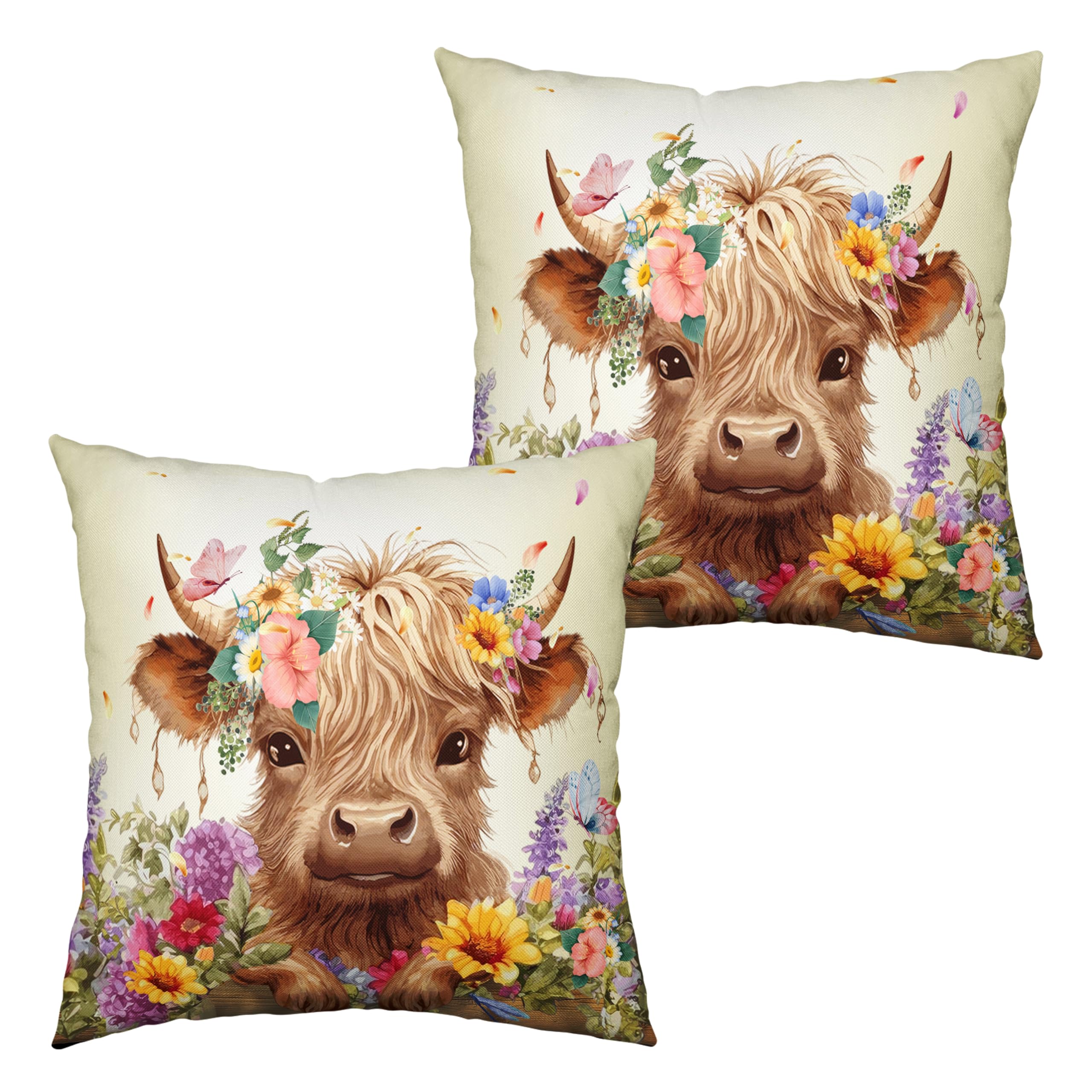 Kwlegh Highland Cow Pillow Covers 16x16 Set of 2 Cattle with Flowers Throw Pillow Covers Spring Outdoor Pillowcase Cotton Linen Farmhouse Cushion Case