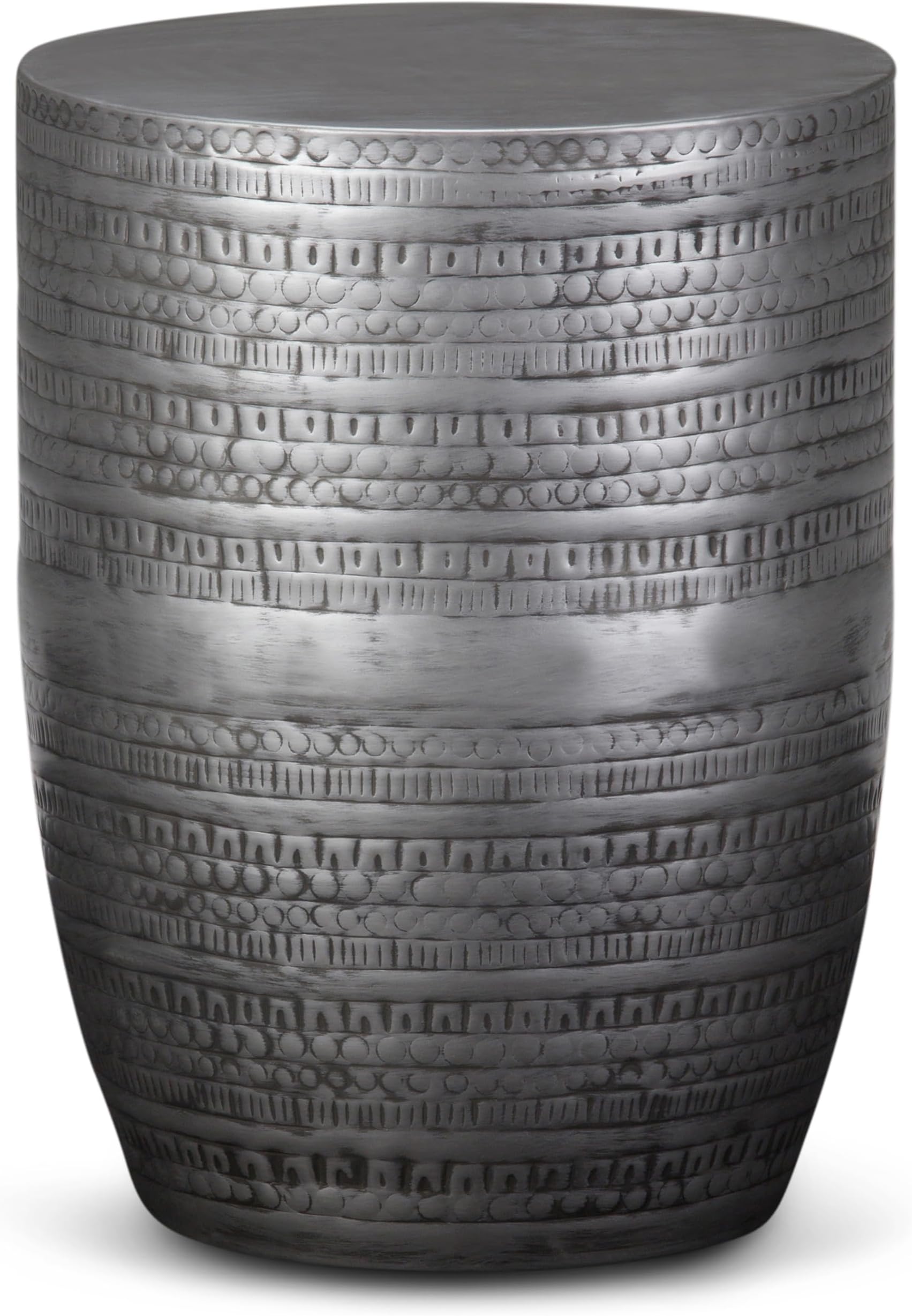 SIMPLIHOME Johnsen Metal Table - 15 inch Wide Solid Iron Drum Accent Table in Antique Silver with Tribal Pattern, Round Boho End Table for Living Room, Bedroom, or Home Office, Fully Assembled