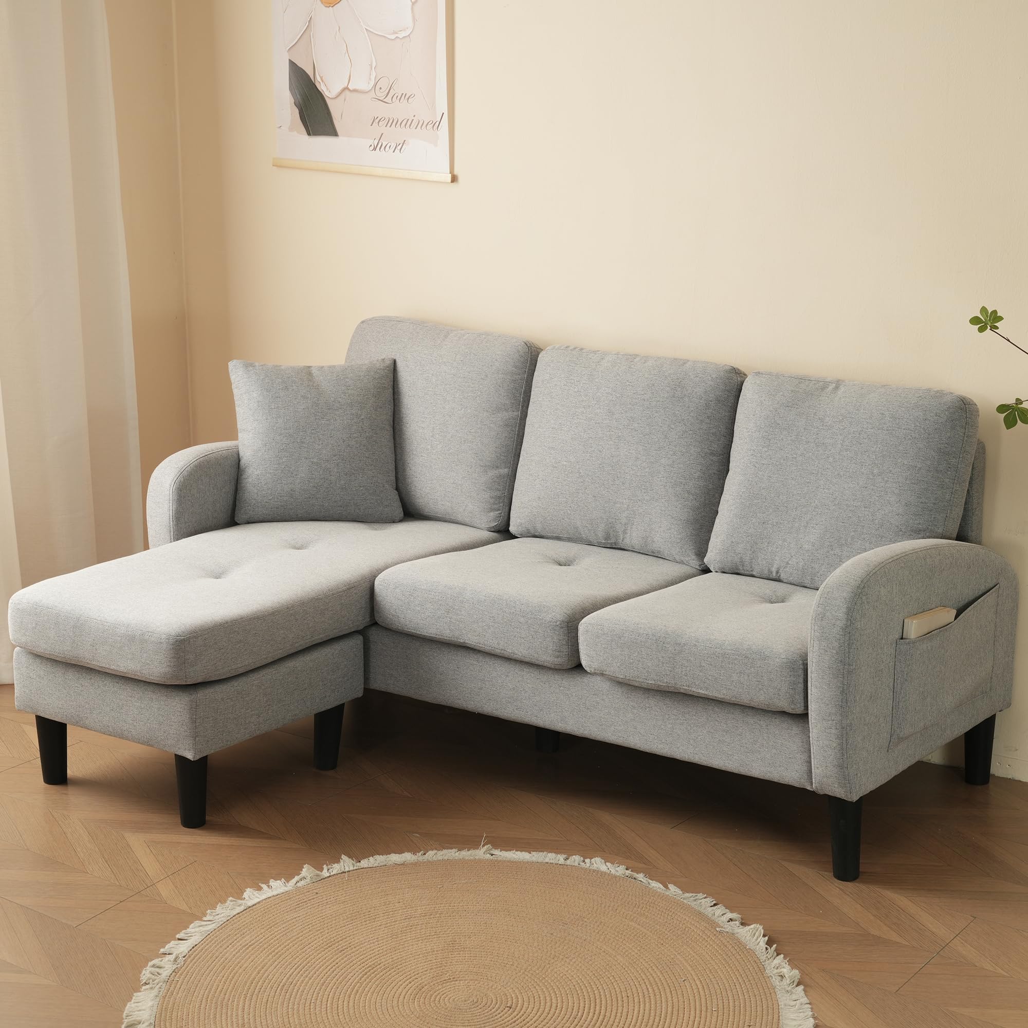 Sofá esquinero en forma de L con chaise longue – Sofá de tres plazas, 166 x 118 x 77 cm, mezcla de algodón y lino transpirable, patas de plástico, configuración reversible izquierda/derecha