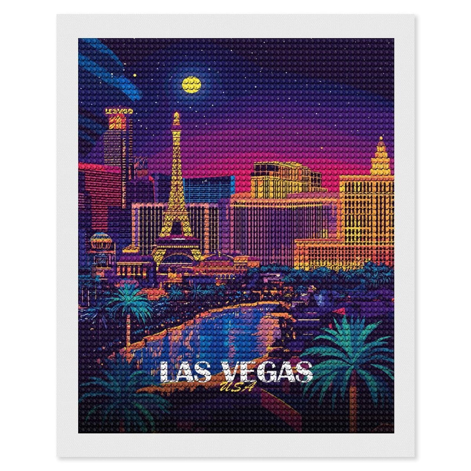 Junmoney Las Vegas Skyline at Night Round Drill Diamond Painting 16"x20", for Craft Lovers, Stress Relief Craft, Bedroom Decor, Festive Craft Gift