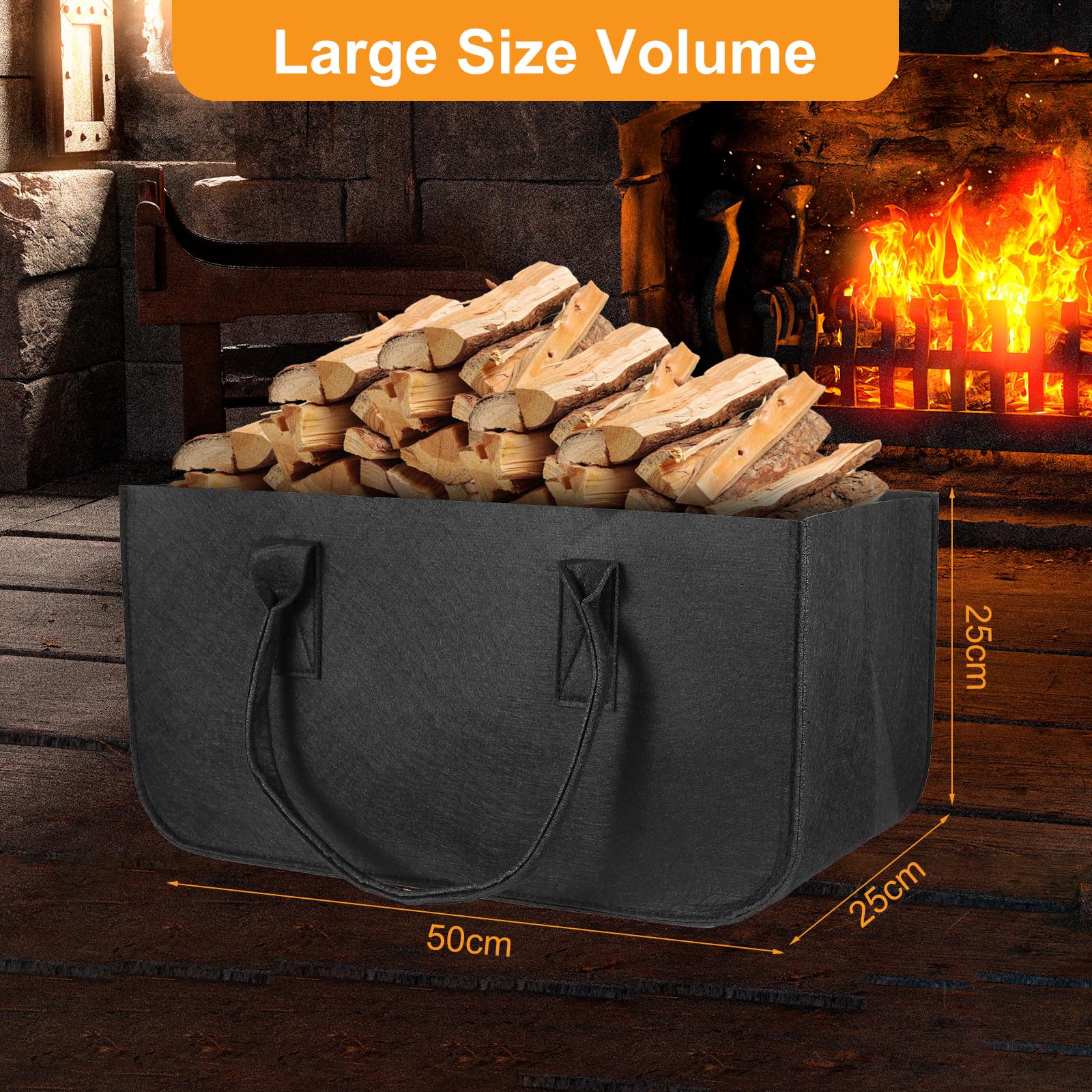 AiQInu Cesta de fieltro Cesta de leña, Plegable Cesta de Fieltro, 50x25x25cm Bolsa de Fieltro para Almacenar Leña de Chimenea y Más para Transportar Madera, Guardar Juguetes, Madera, Periódicos