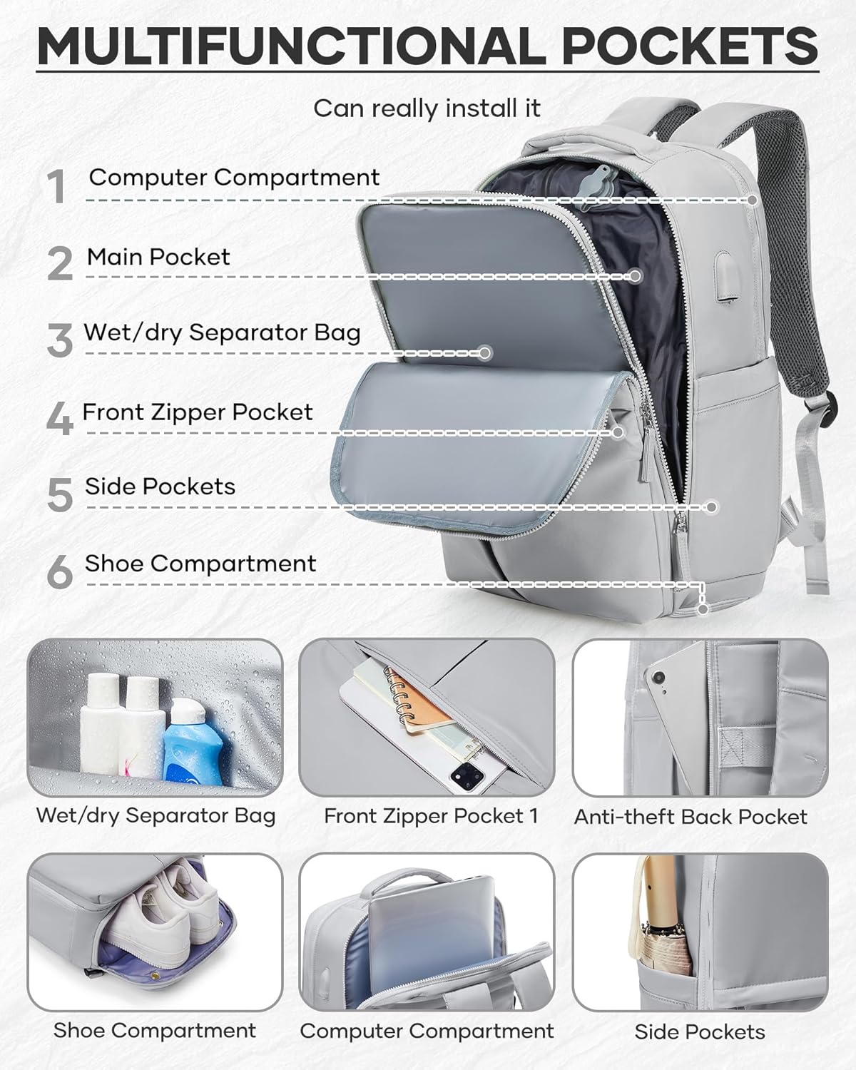 Vacuum Seal Backpack Travel Laptop Backpacks For Women Men Personal Item Travel Bag Large Carry On Backpack With Vacuum Compression Vacpack Backpacks With Pump Grey - Image 6