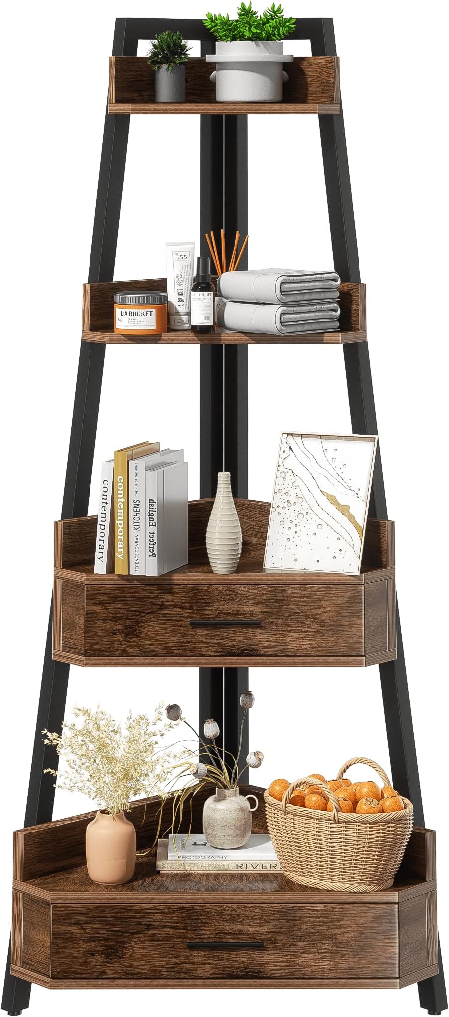 55.1 Inch Tall Corner Shelf, 4-Tire 2 Drawers Corner Cabinet, Storage Rack for Living Room, Office, Kitchen, Basement, Bedroom, Rustic Brown