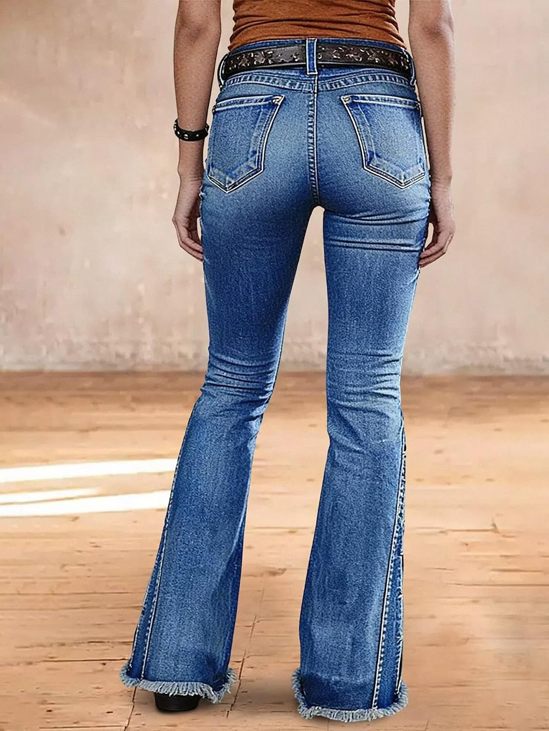 Flamingals Flare Leg Jeans for Women Mid Waist Wash Stretch Raw Hem Bell Bottom Bootcut Denim Jeans