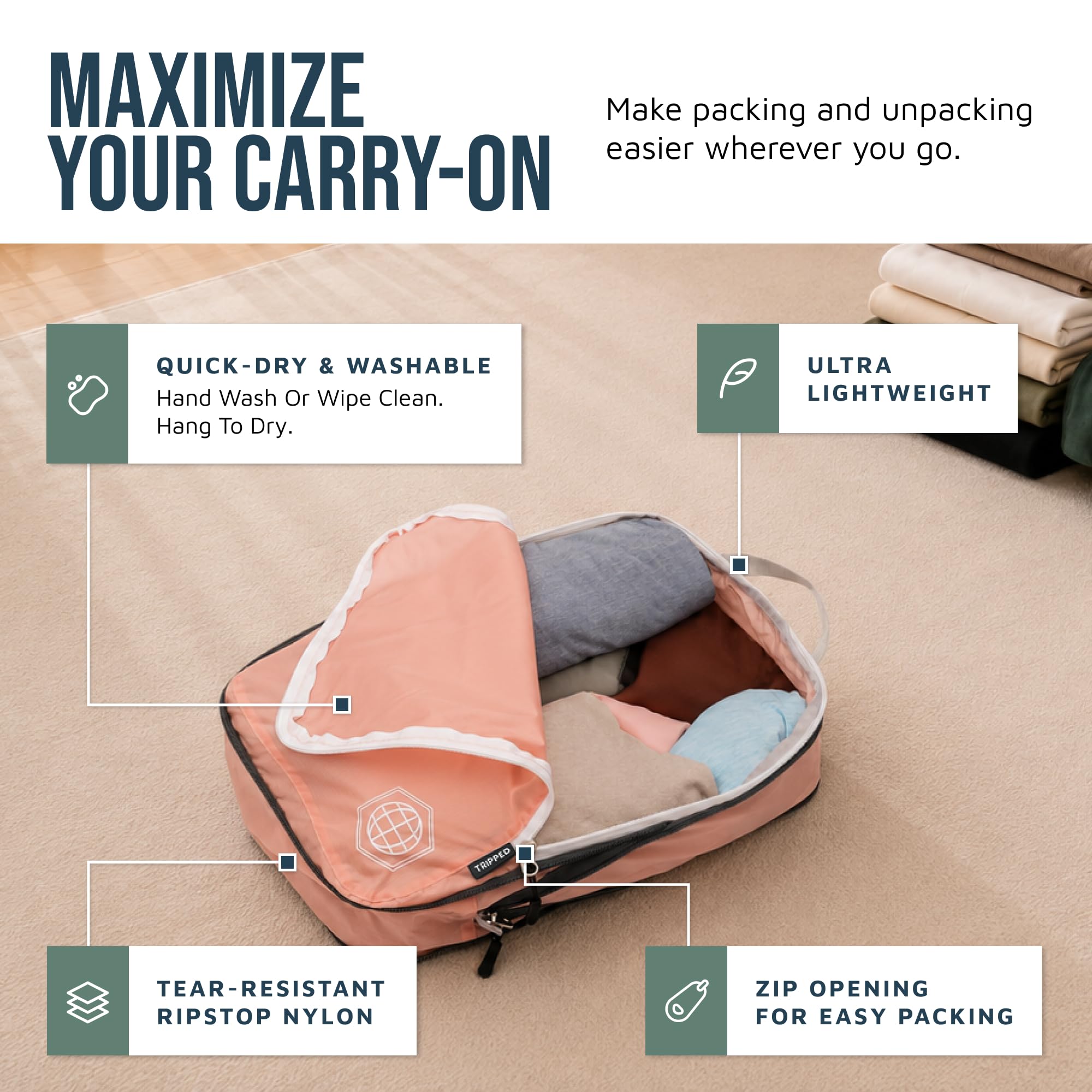 TRIPPED Travel Gear Set di cubi da viaggio a compressione, organizer per vestiti leggeri e resistenti, per bagagli e valigie