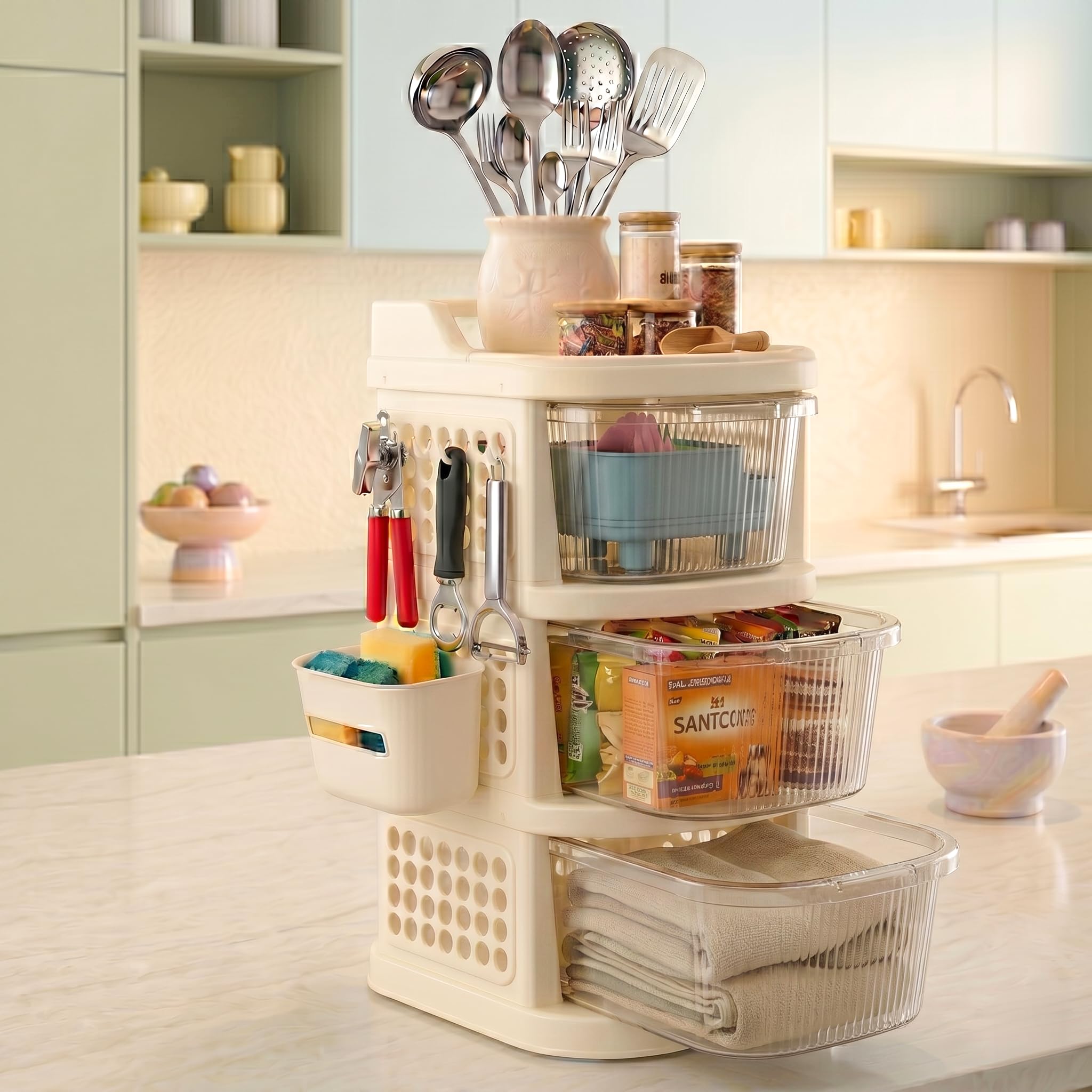 TEX-RO 3 Layer Plastic Drawer Cabinet with Wheels & Side Hooks | Stackable Storage Trolley Organiser for Kitchen | Multipurpose Drawers Organisers Rack with Basket - Transparent And Ivory