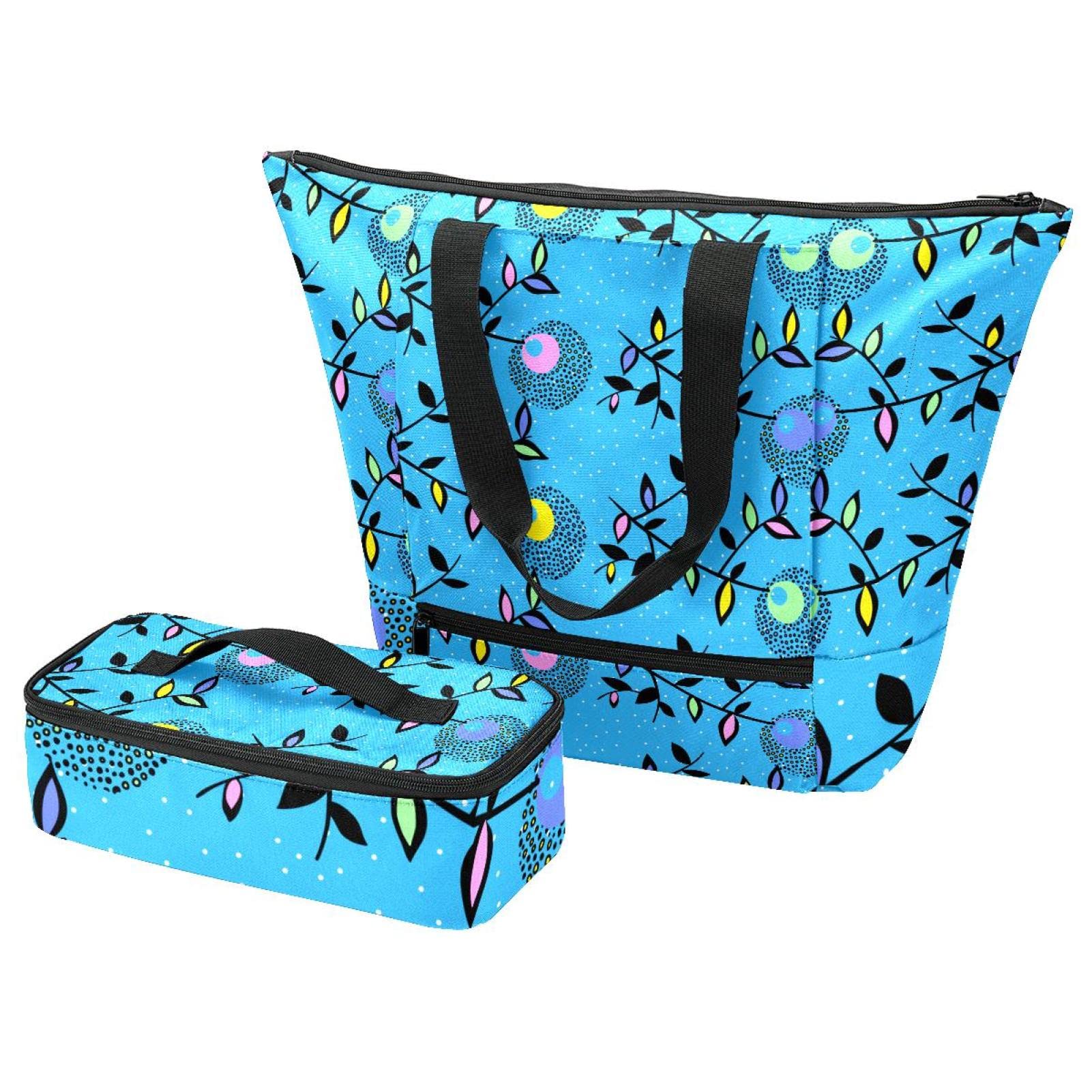 Grand sac fourre-tout et boîte à déjeuner rétro à fleurs bleues avec pochette isotherme