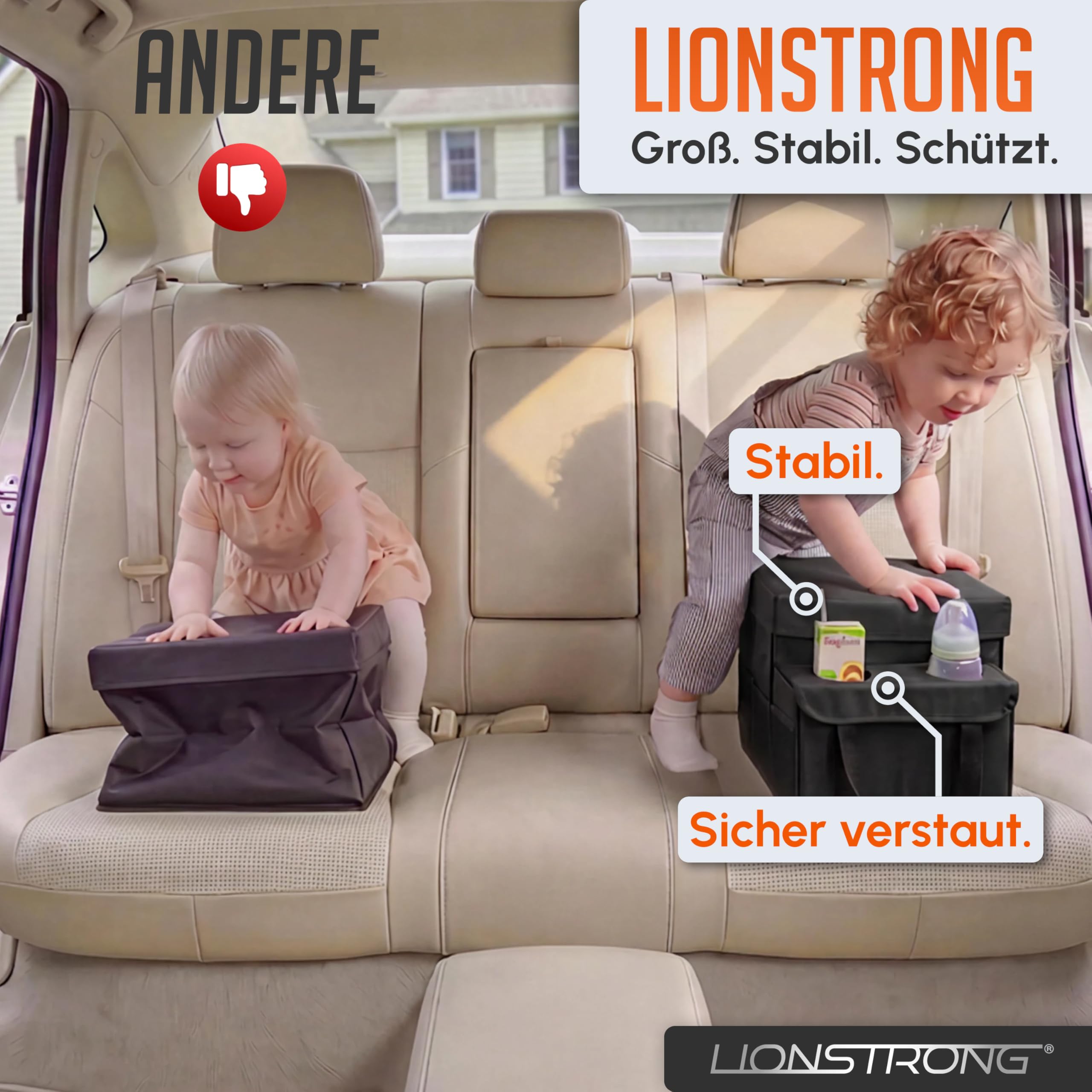 LIONSTRONG® Auto Organizer [EXTREM STABIL DURCH KUNSTSTOFFPLATTEN] - Universeller Rückbank Organizer für den Rücksitz & Beifahrersitz - Ideal für den Urlaub, viel Platz für Spielzeug - Wasserabweisend