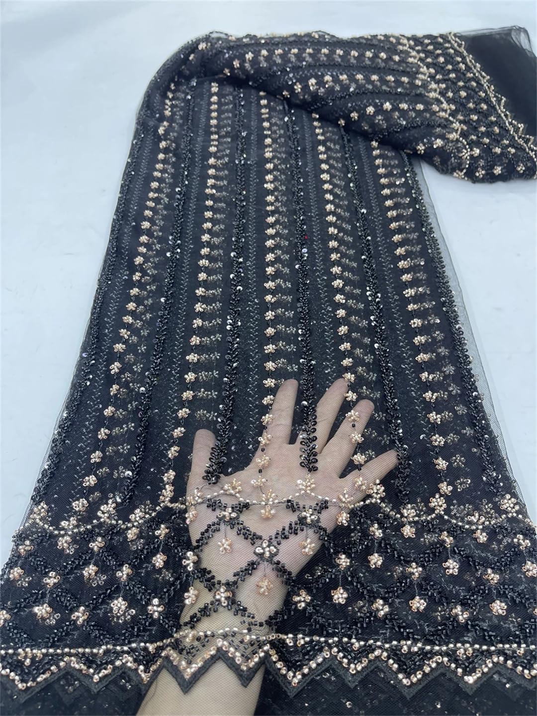 Tela de encaje de tul con cuentas y lentejuelas para vestido de fiesta