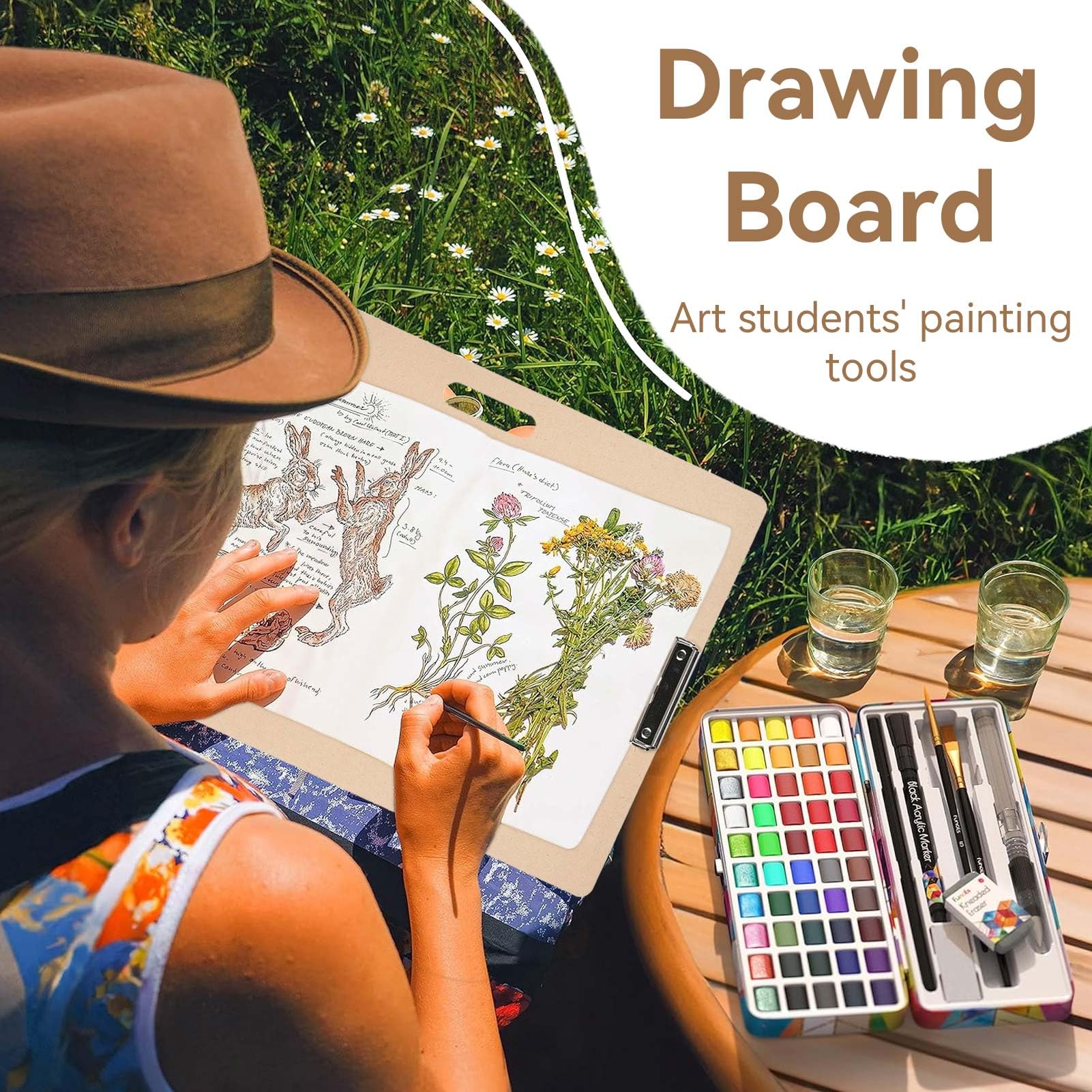 Planche à Dessin En Bois 45x60 Cm (Format 8K) - Avec Poignée Et Clip Métal - Pour Artistes, Étudiants, Extérieur