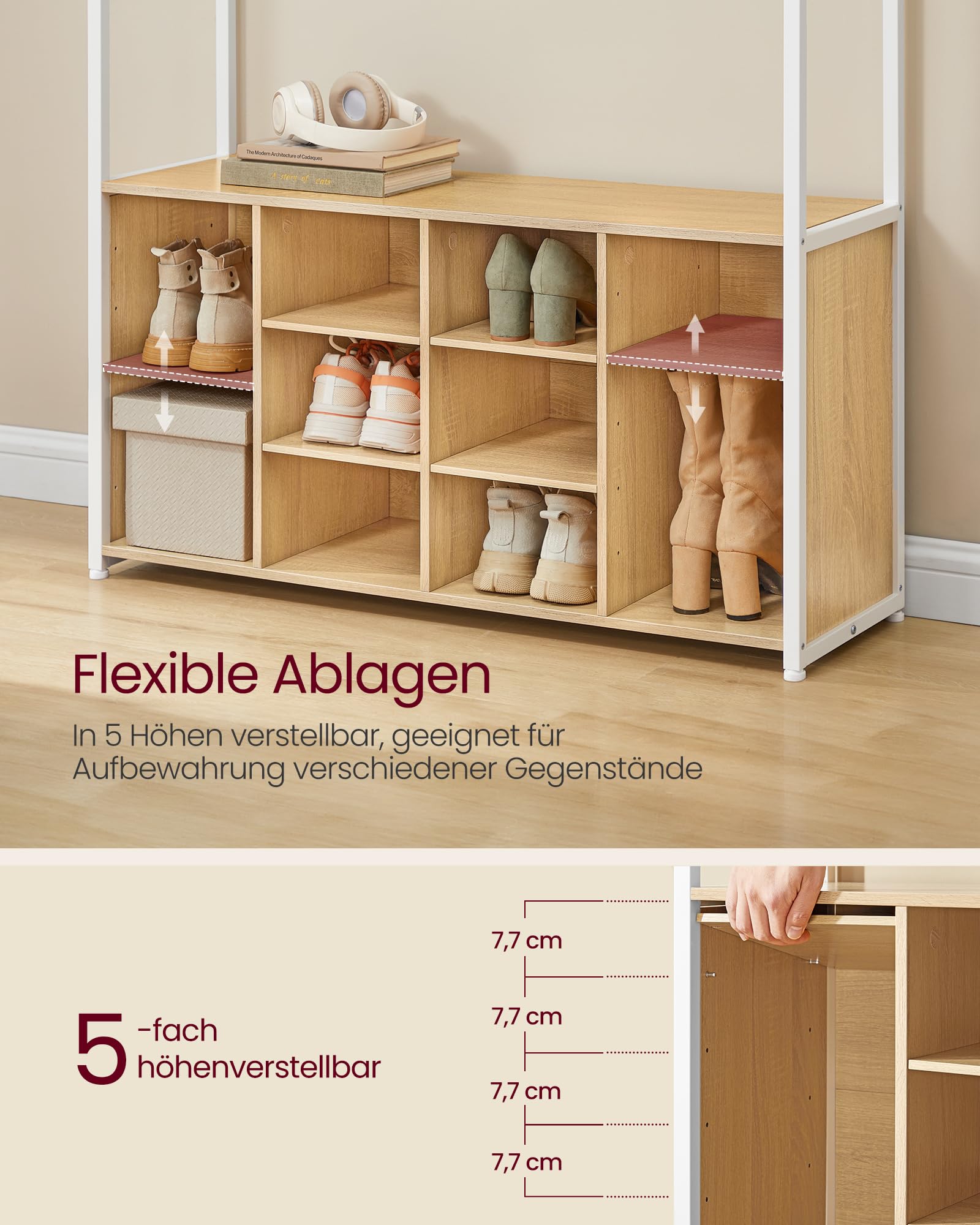 VASAGLE Kleiderständer, Garderobe, Eingangsmöbel mit Schuhregal, offene Fächer, Kleiderhaken, verstellbare Ablagen, modern, für Flur, Eingangsbereich, eichenfarben-weiß HSR432YA01