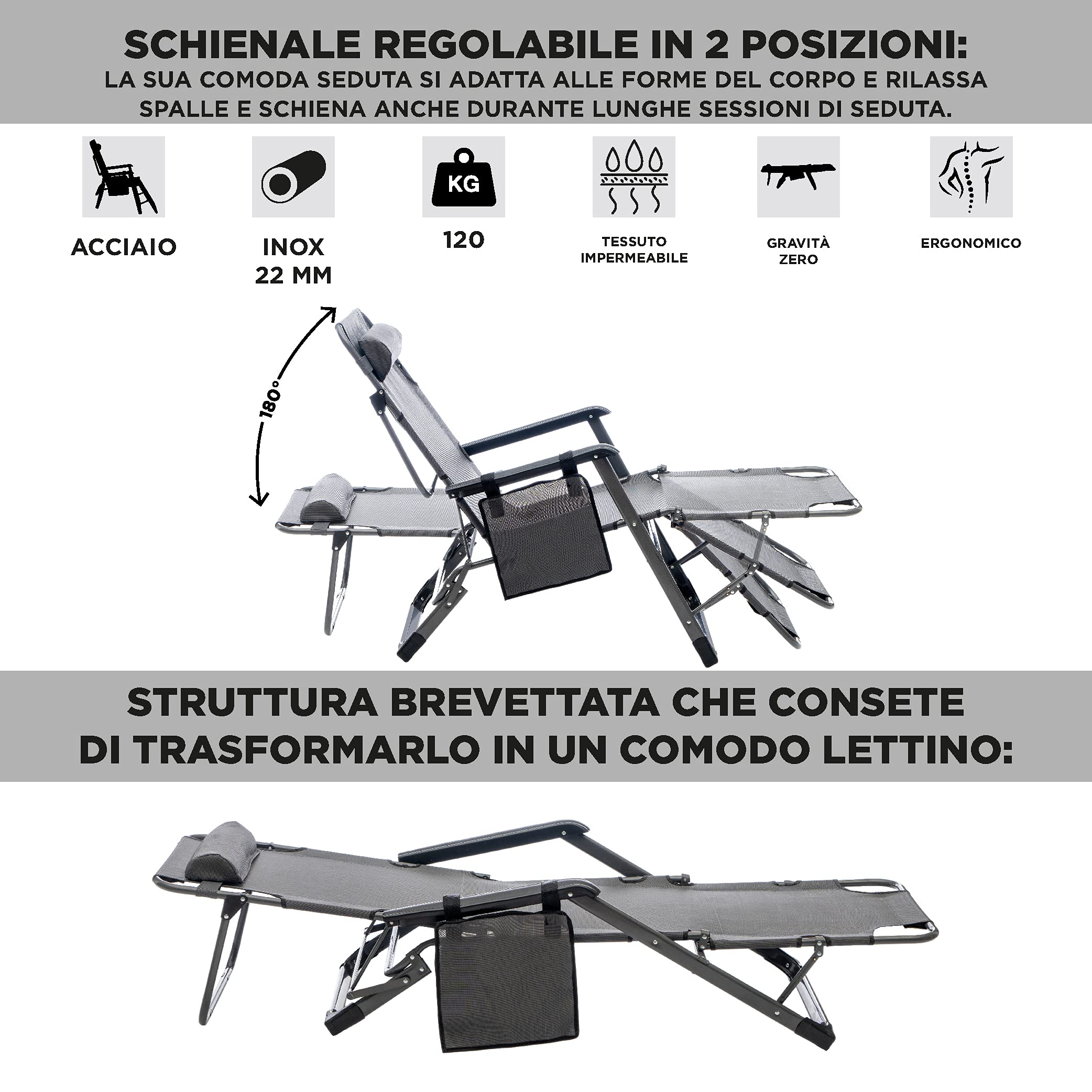 Enrico Coveri Sedia Sdraio Reclinabile Con Funzione Lettino, Cuscino E Portaoggetti, Struttura Pieghevole In Acciaio Rinforzato, Per Casa, Spiaggia e Giardino (Grigio)