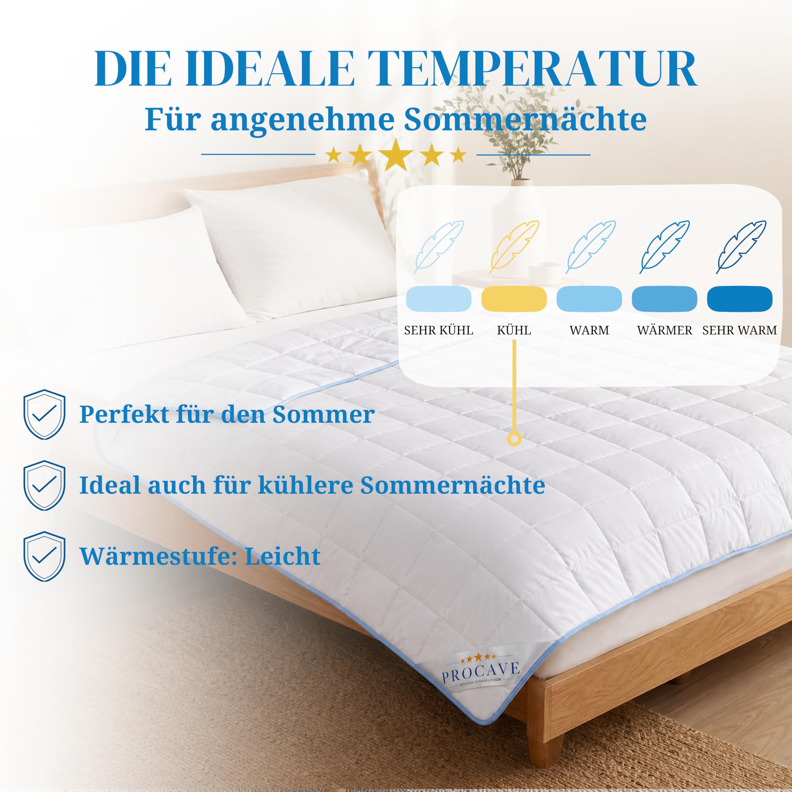 PROCAVE TopCool Sommer-Bettdecke 200x220 cm, atmungsaktiv & kühlend | gegen Nachtschwitzen, federleicht, 95 Grad kochfest waschbar, für Allergiker, formstabile Steppung, Made in Germany