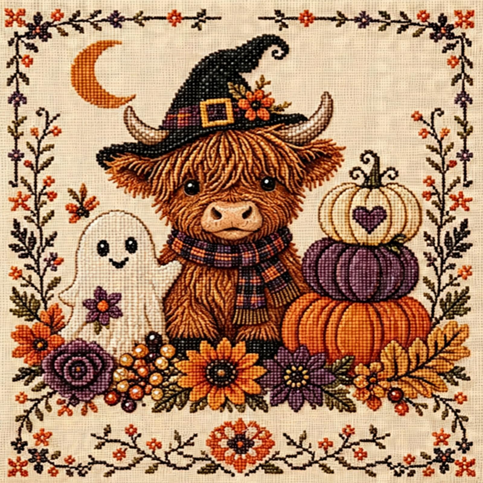 Highland Cow Ghost 18Ct 2 Strands Diy Cross Stitch Kit 30X30cm